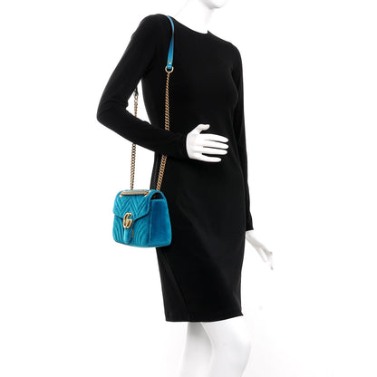 Gucci Velvet Matelasse Small GG Marmont Shoulder Bag Pavone Cyan 2 of 7