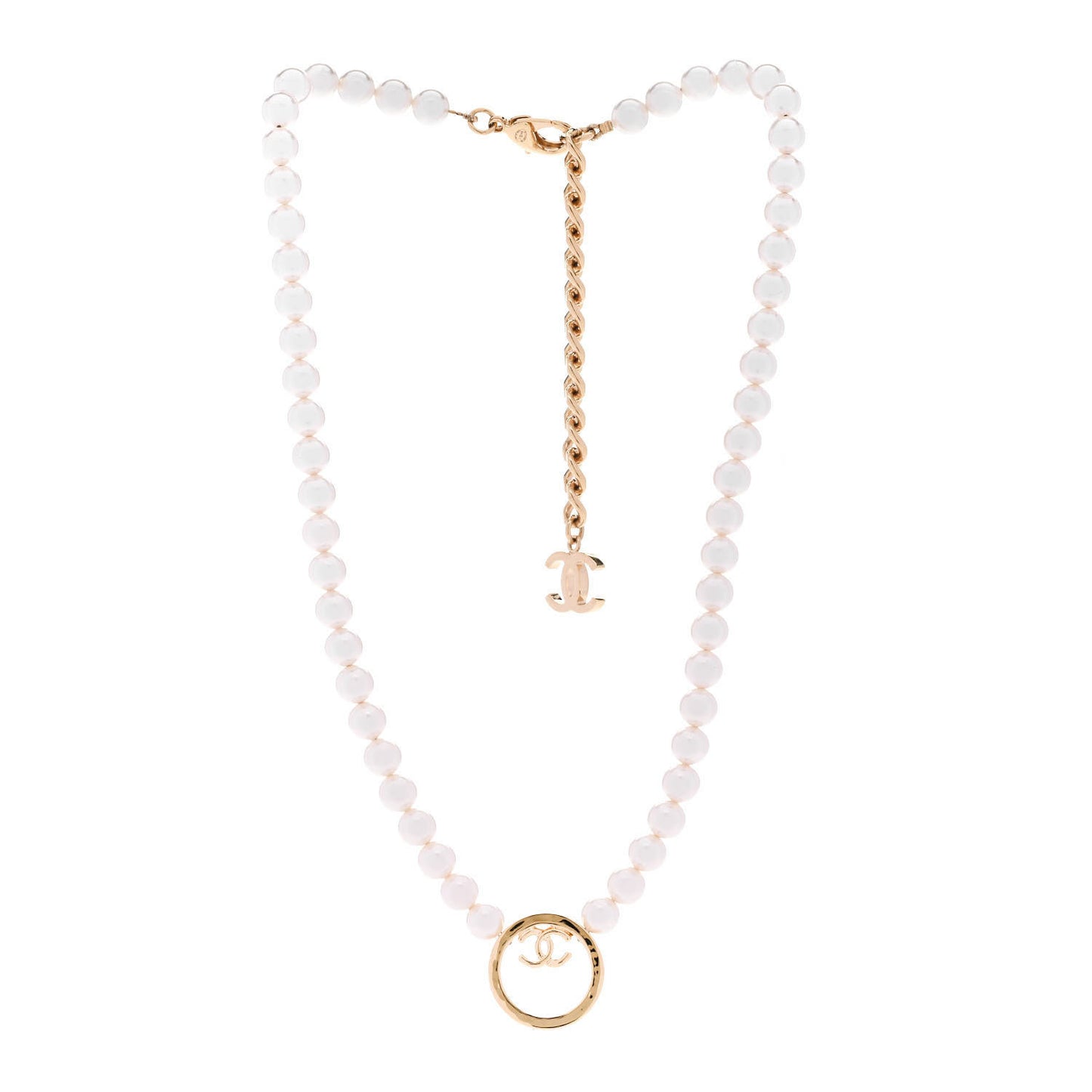 Pearl CC Round Long Necklace Gold White