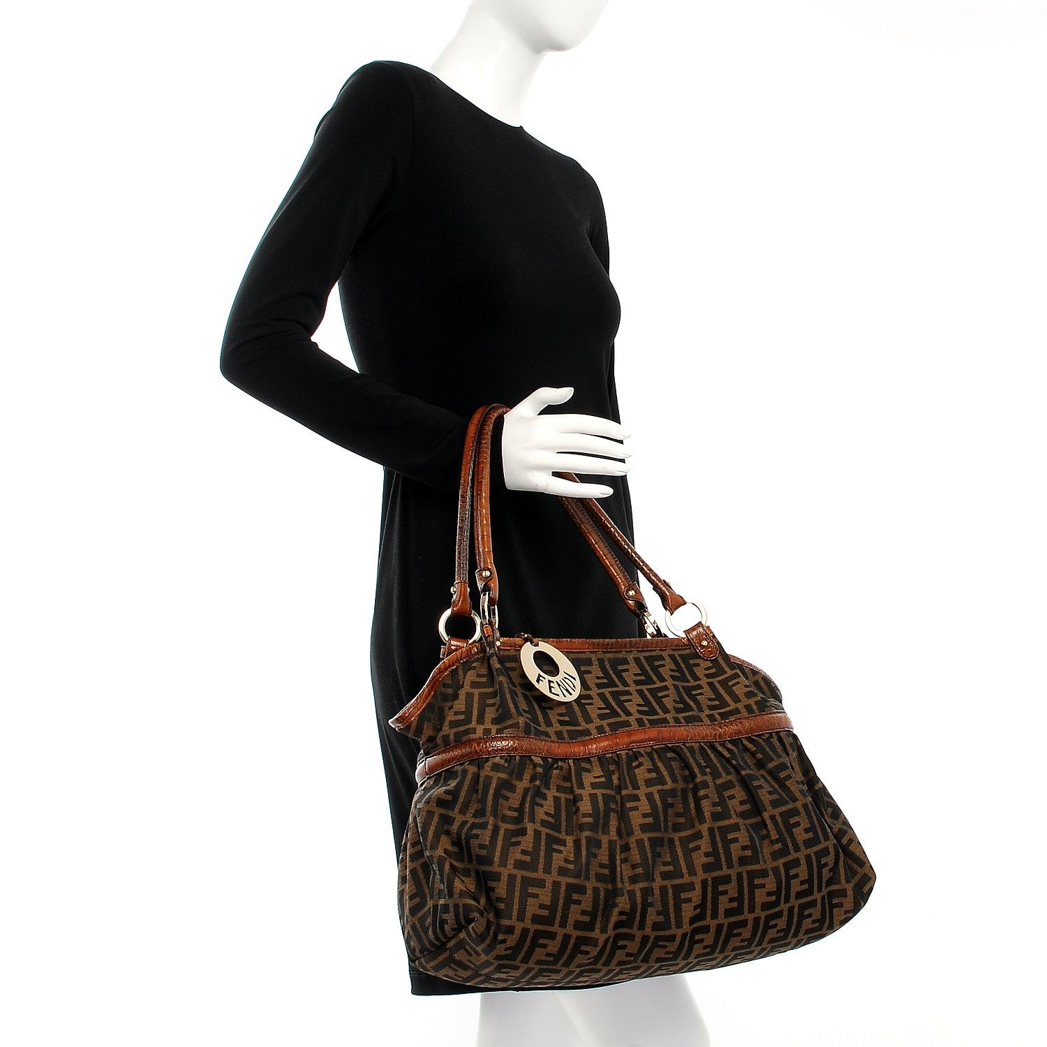 Fendi Zucca Calfskin Crocodile Embossed Large Chef Shopper Tote Tobacco 2 of 11