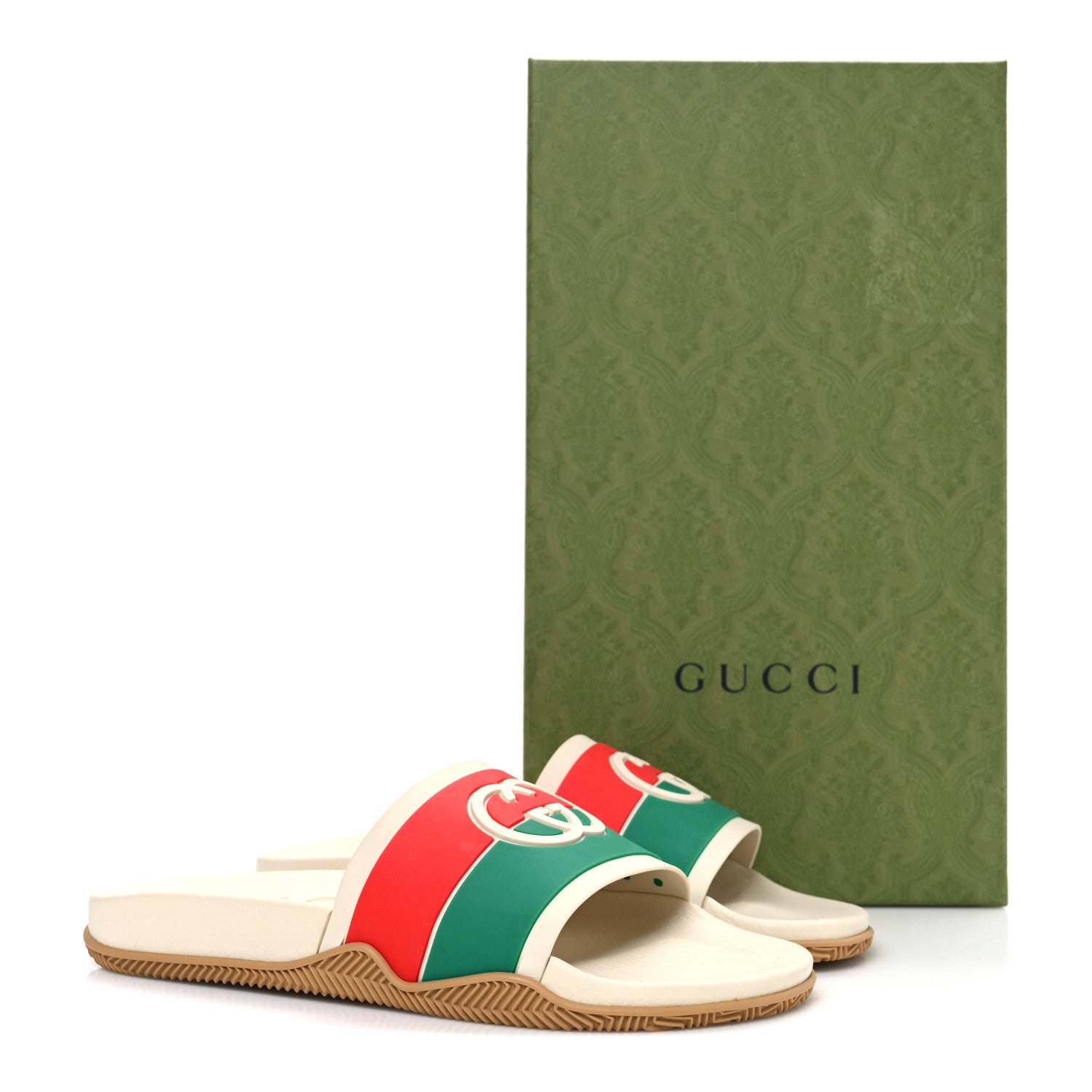 Gucci Rubber Web Womens Interlocking G Slide Sandals 39 Mystic White Green Red 10 of 10