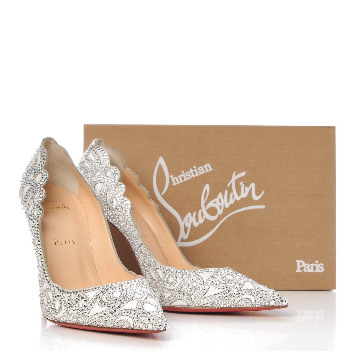 Calfskin Scalloped Lace Crystal Top Vague 100 Pumps 39 White