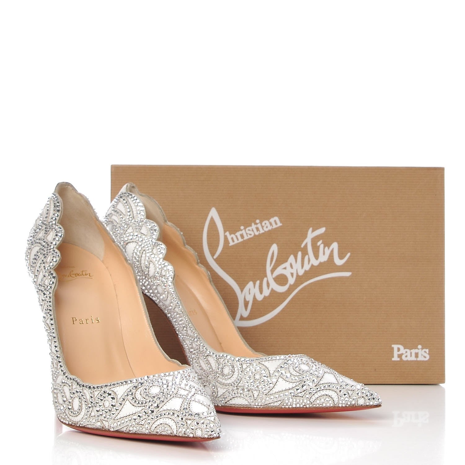 Christian Louboutin Calfskin Scalloped Lace Crystal Top Vague 100 Pumps 39 White 8 of 8