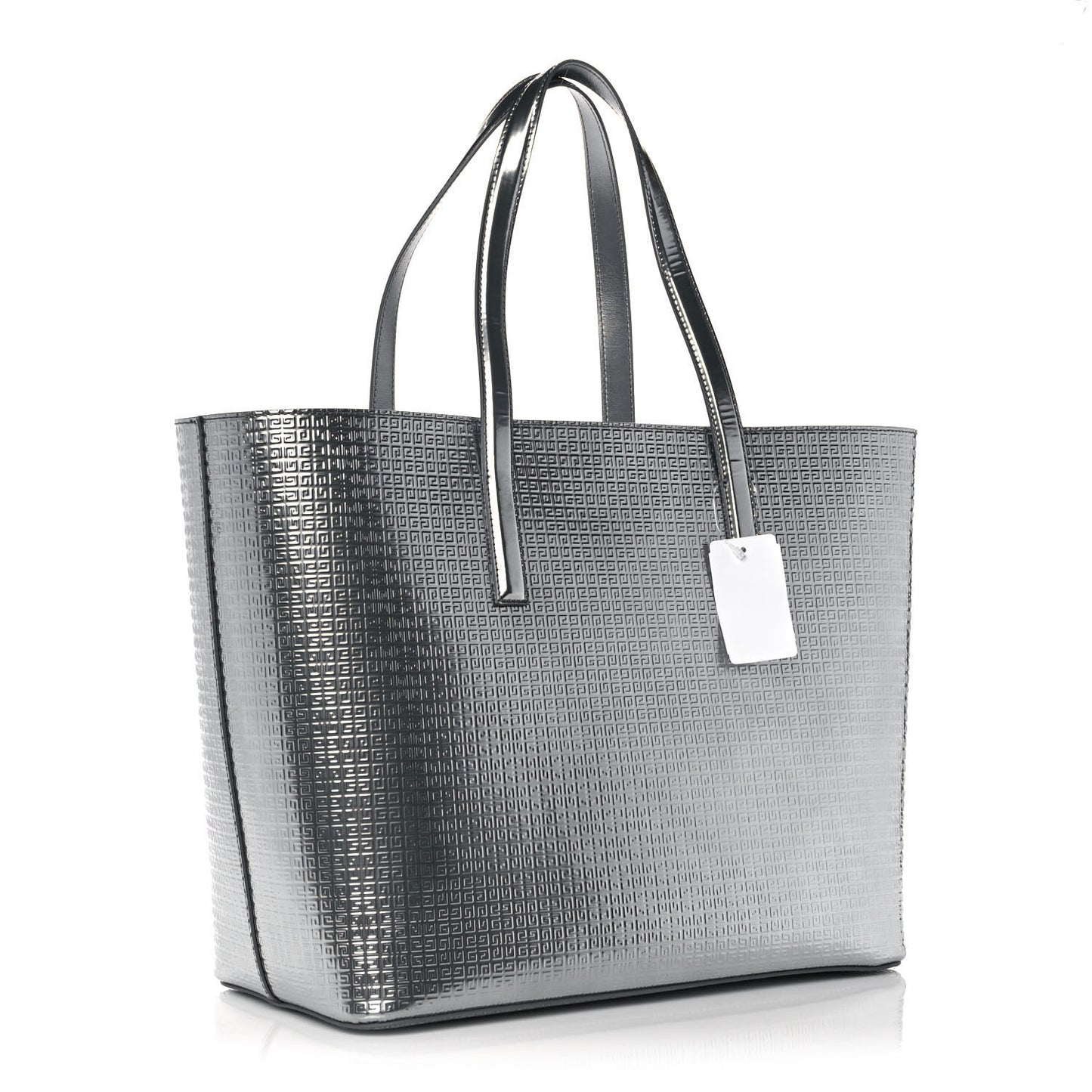 Metallic Calfskin Logo Embossed Wing Shopper Tote Silver