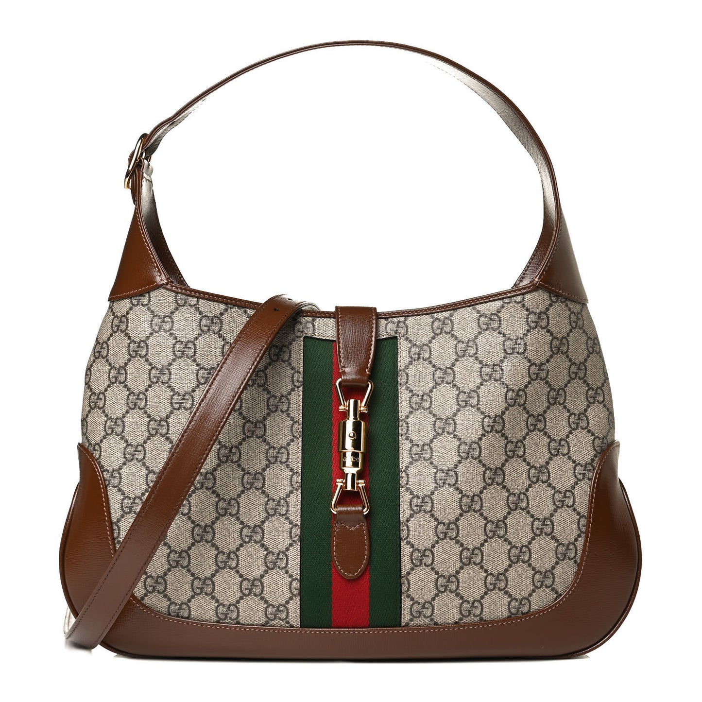 GG Supreme Monogram Azalea Calfskin Web Medium Jackie 1961 Hobo Beige Ebony Brown Sugar
