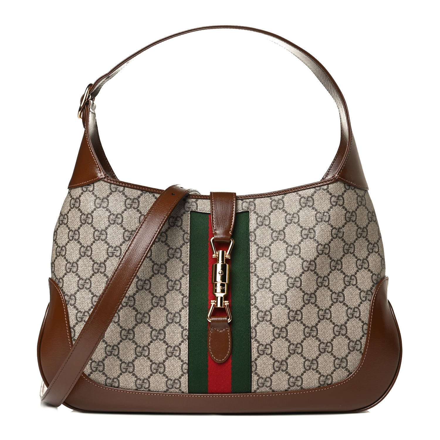Gucci GG Supreme Monogram Azalea Calfskin Web Medium Jackie 1961 Hobo Beige Ebony Brown Sugar 1 of 14