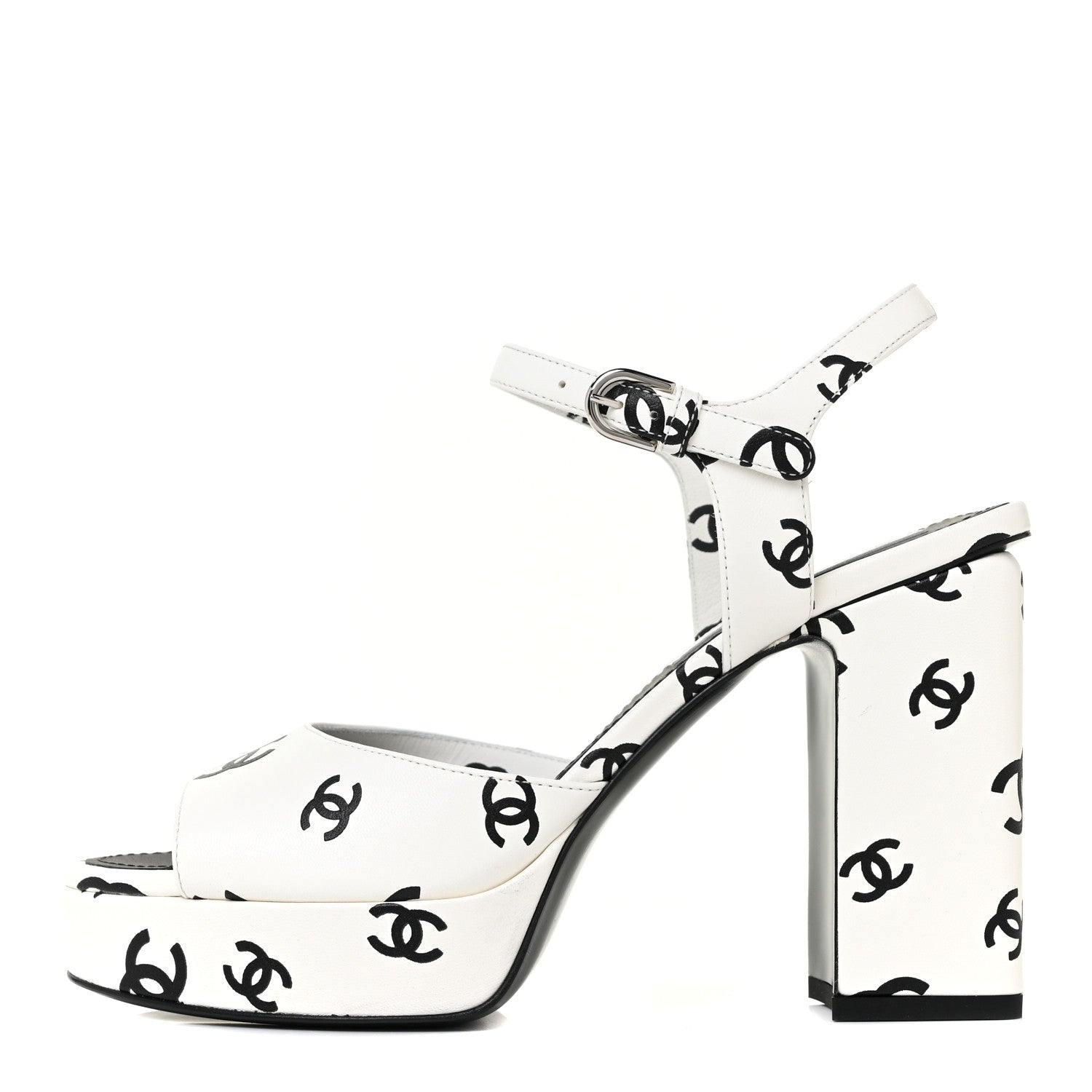 Chanel Printed Lambskin Coco Beach Platform Sandals 38 White Black 1 of 8