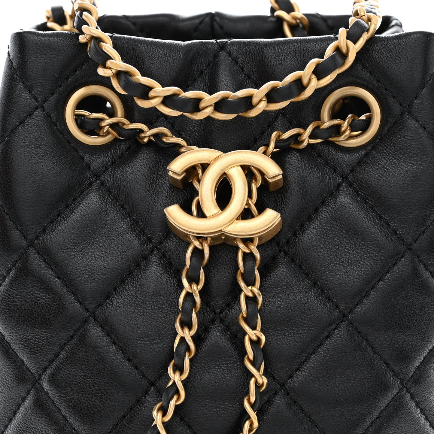 Lambskin Quilted Pearl Crush Drawstring Bag Black