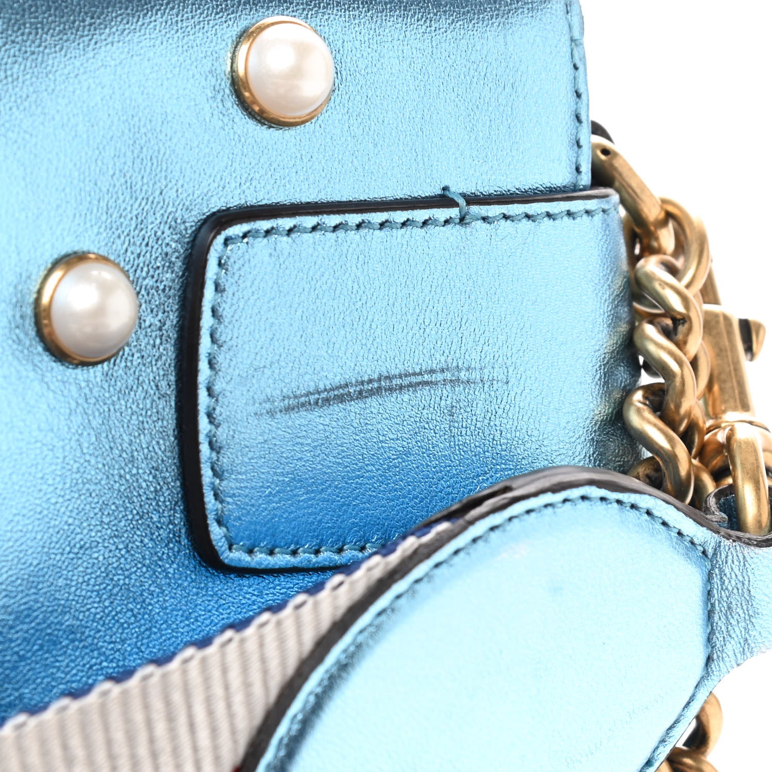 Gucci Metallic Nappa Pearl Sylvie Web Tiger Broadway Shoulder Bag Blue 4 of 14