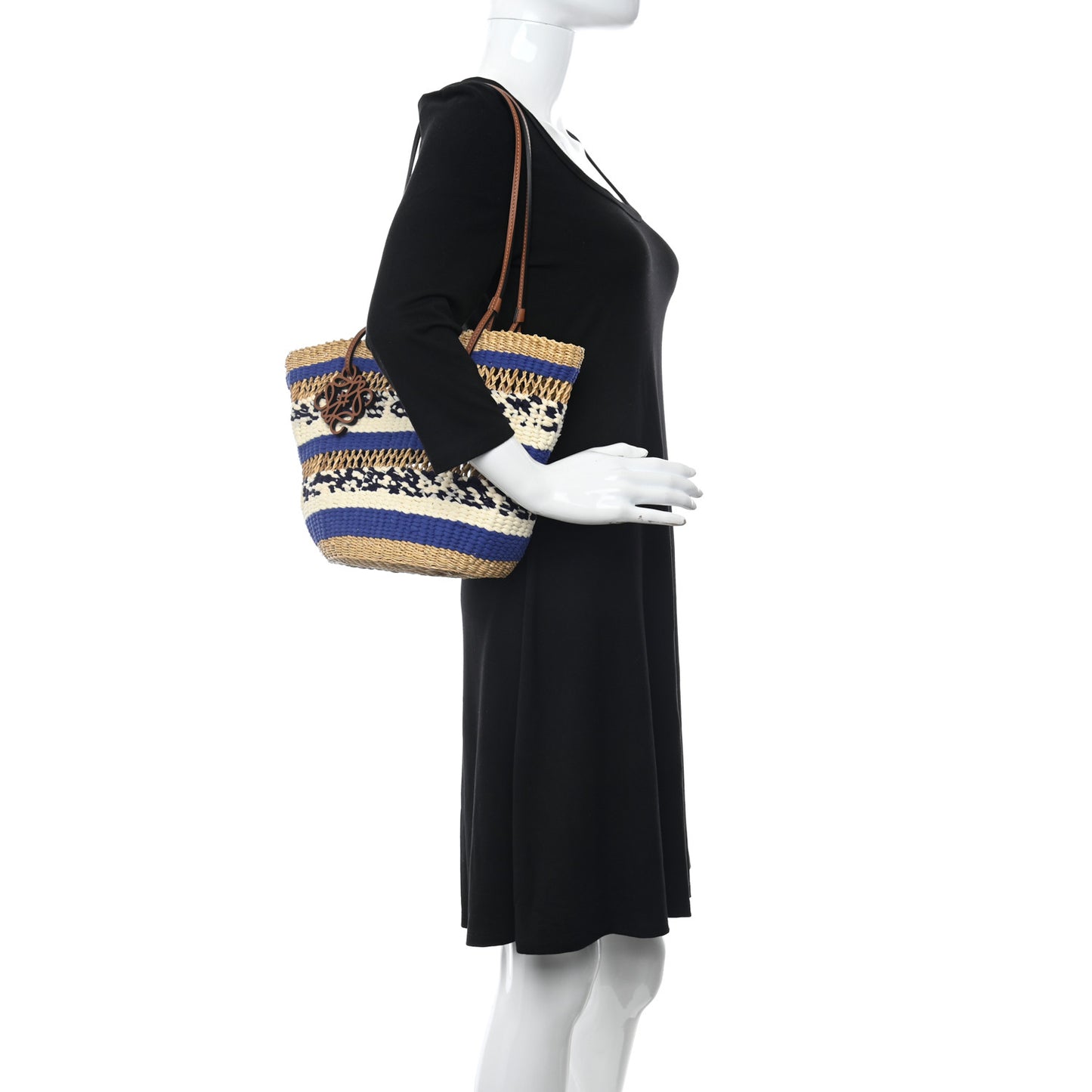 Elephant Grass Fabric Calfskin Woven Basket Tote Natural Blue