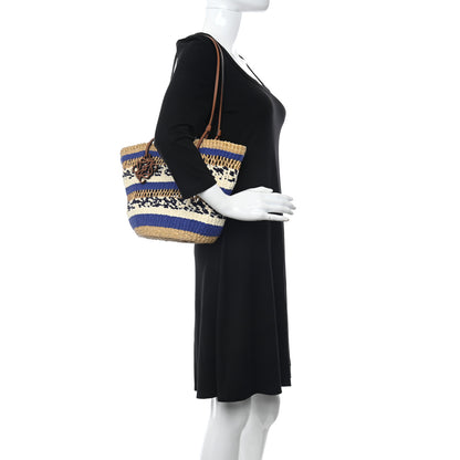 Loewe Elephant Grass Fabric Calfskin Woven Basket Tote Natural Blue 2 of 10