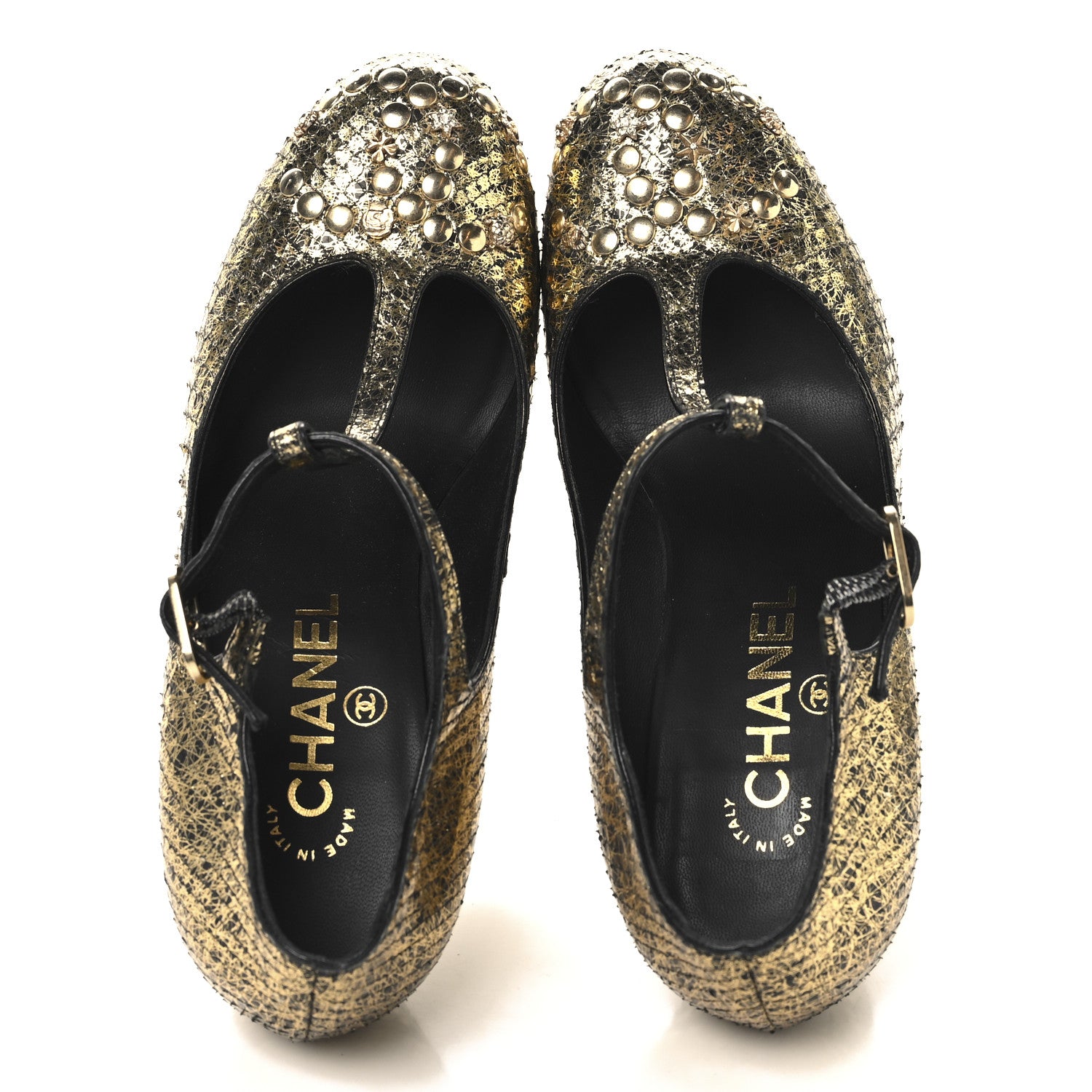 Chanel Metallic Snakeskin Studded CC T-Strap Wedges 37 Gold Black 2 of 11