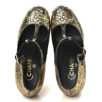 Chanel Metallic Snakeskin Studded CC T-Strap Wedges 37 Gold Black 2 of 11