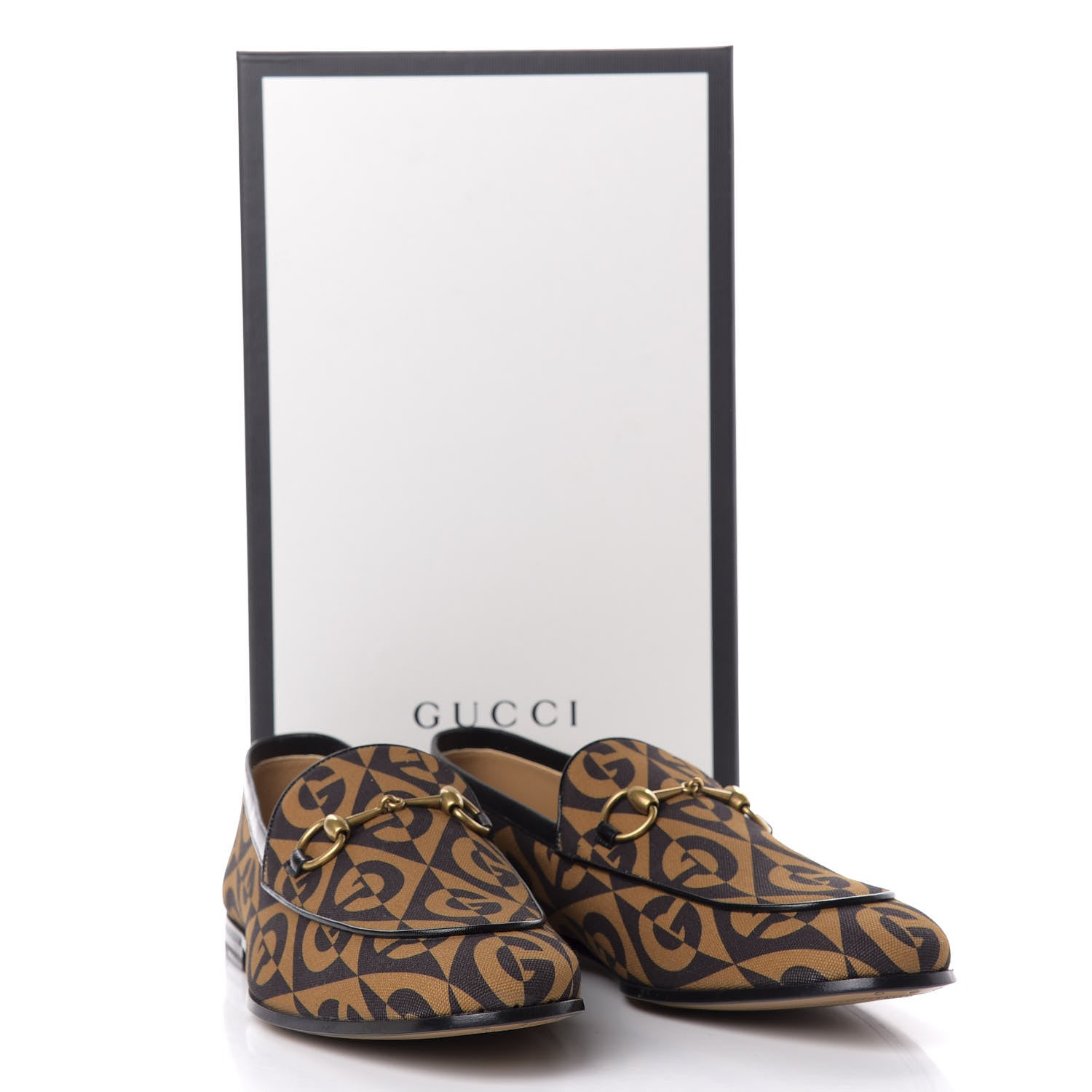 Gucci Canvas Rhombus Horsebit Mens Jordaan Loafers 10 Camel Brown Black 10 of 10