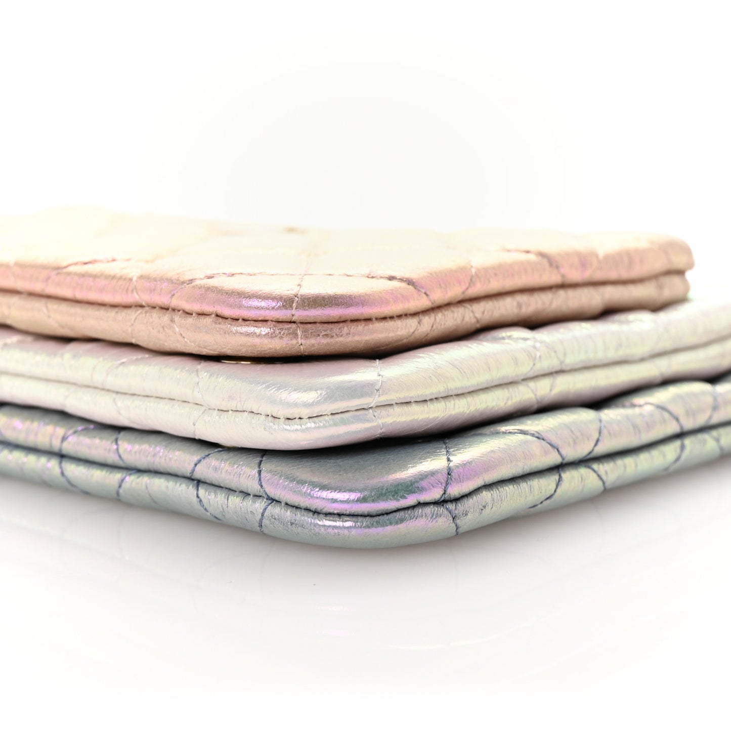 Iridescent Crumpled Calfskin Trio Cosmetic Case Blue Pink Ivory