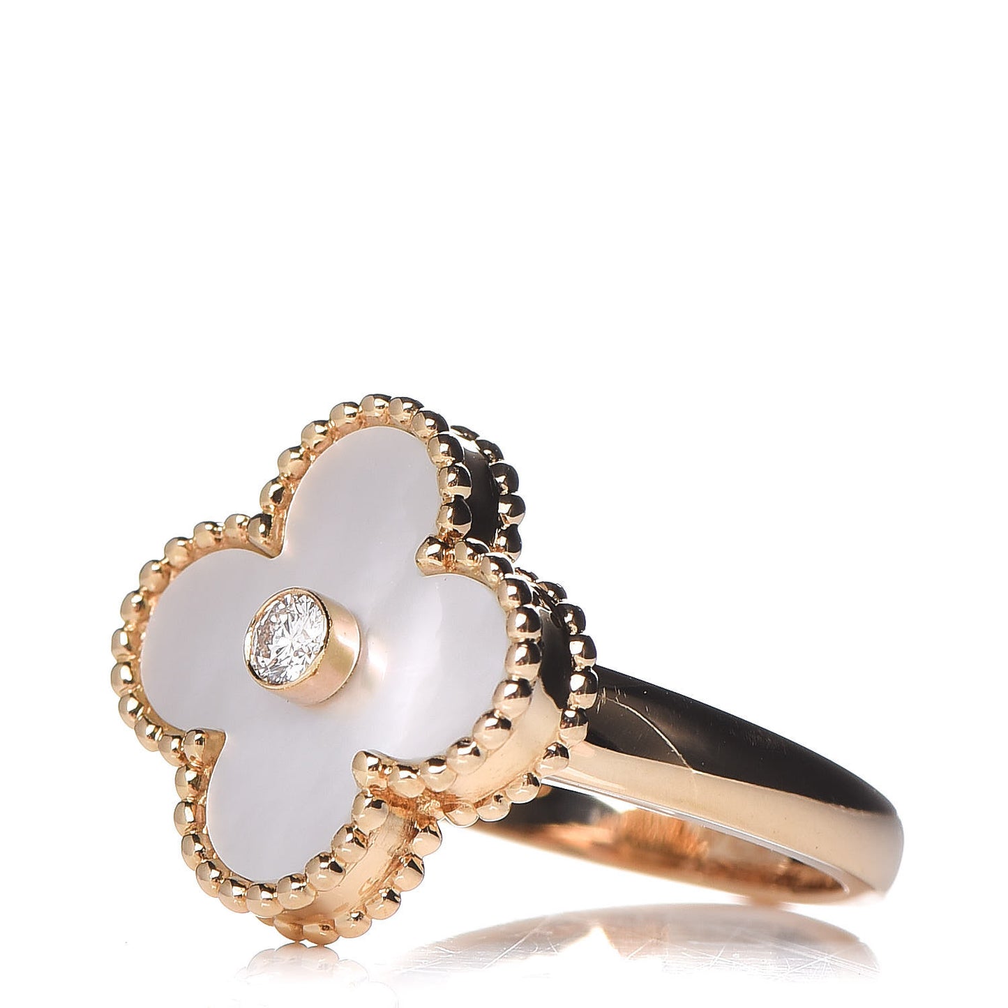 18K Yellow Gold Diamond Mother of Pearl Vintage Alhambra Ring 46 3.75