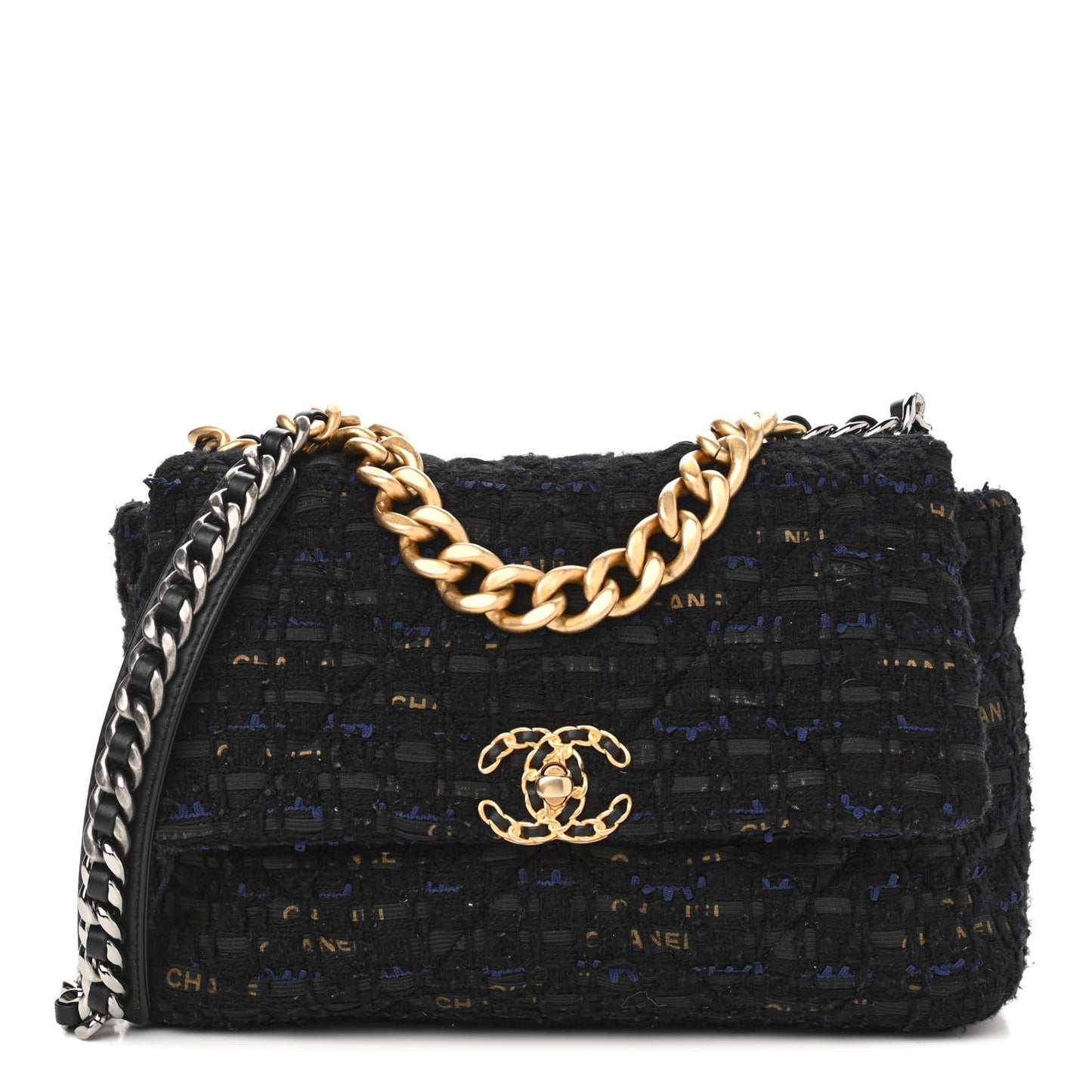 Tweed Quilted Large Chanel 19 Flap Black Navy Gold