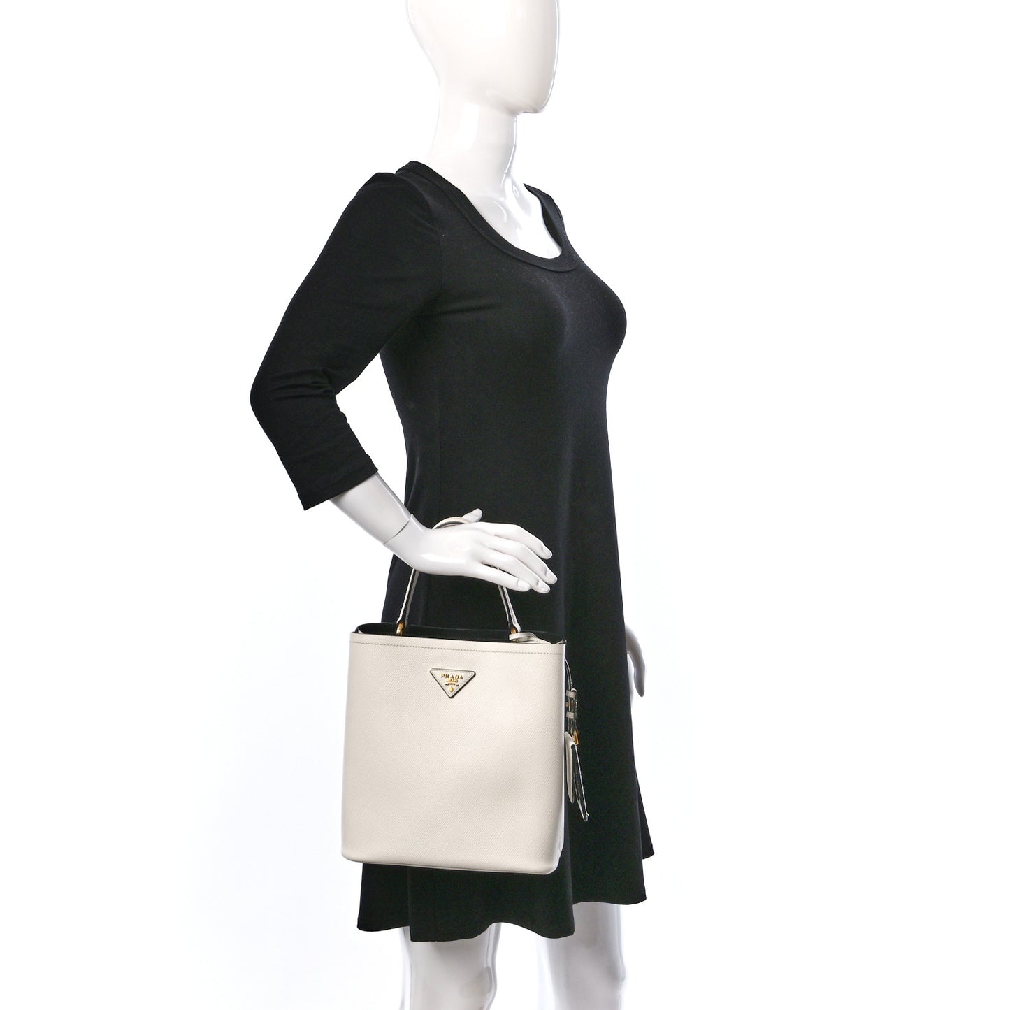 Saffiano Cuir Medium Panier Bucket Bag Bianco Black