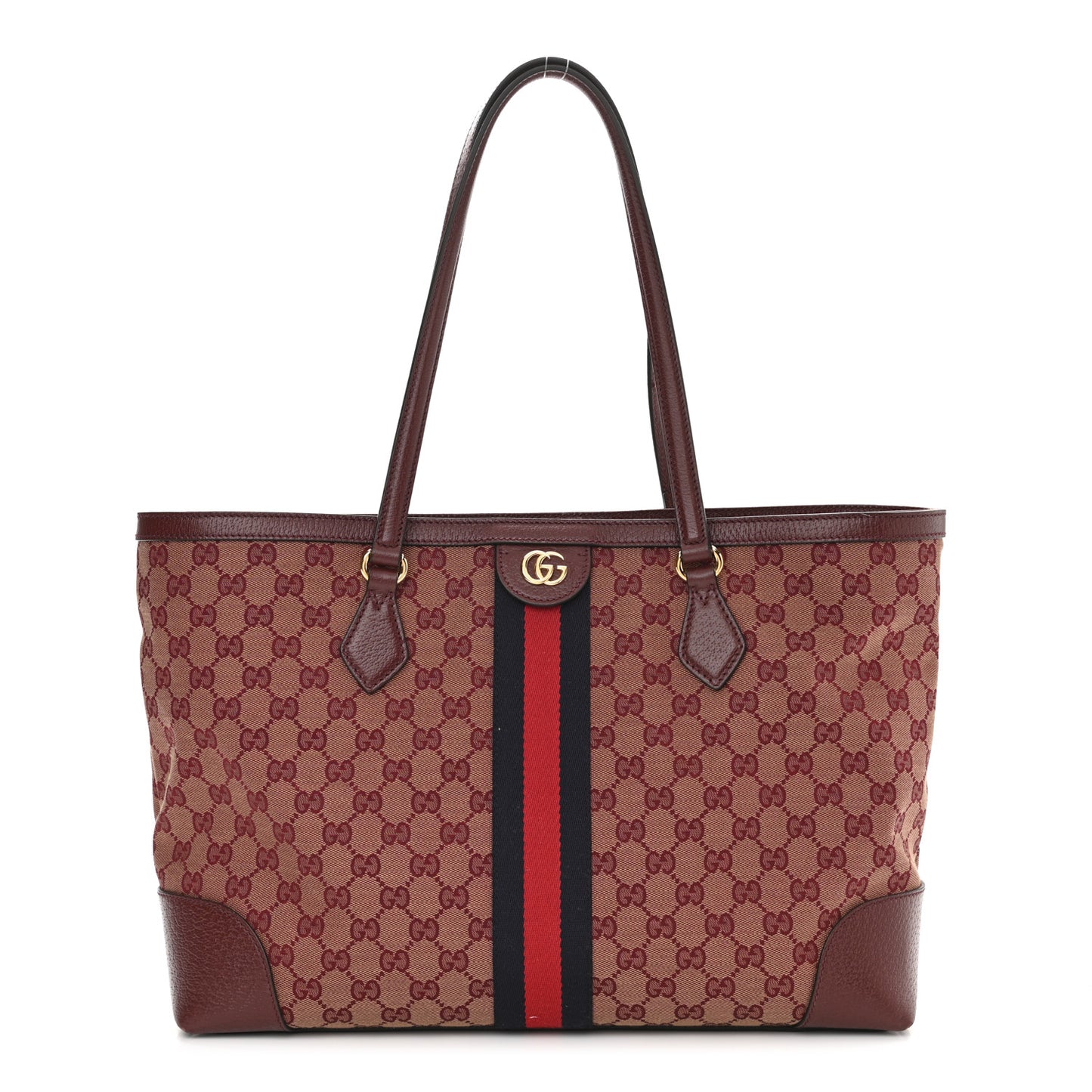Monogram Textured Dollar Calfskin Web Medium Ophidia Shopping Tote Sahara Rubino Chardonnay