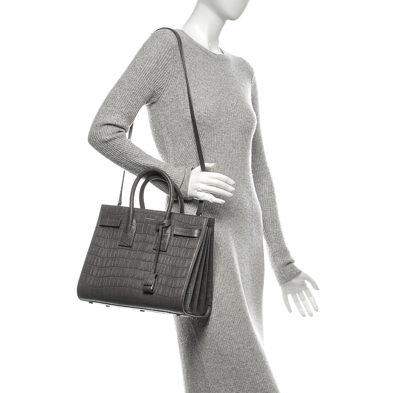 Saint Laurent Calfskin Crocodile Embossed Small Sac De Jour Fog 2 of 6