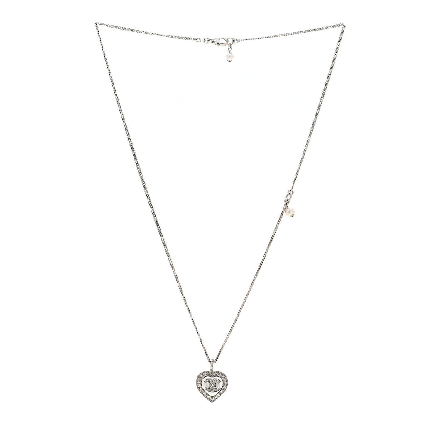 Crystal Pearl CC Heart Necklace Silver