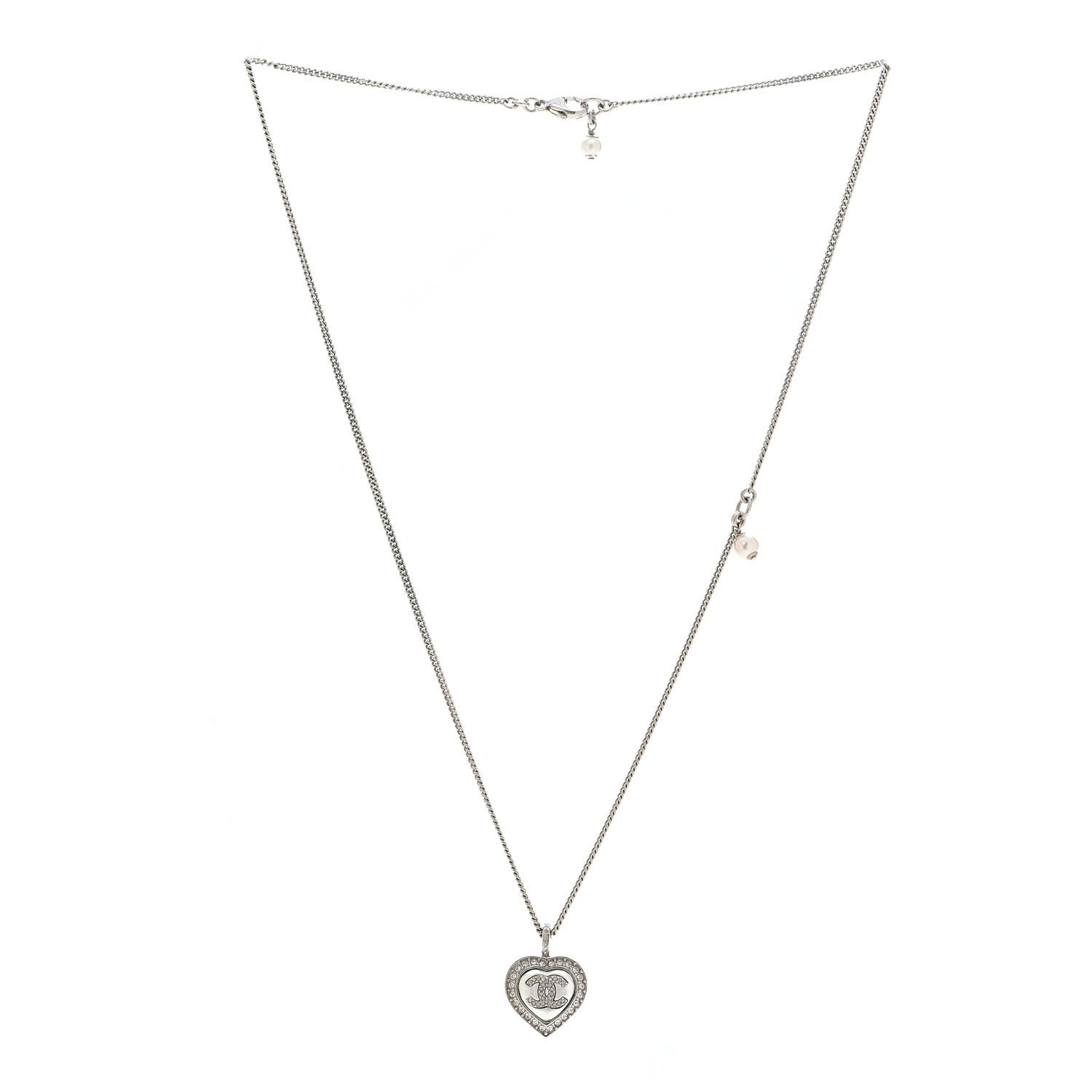 Chanel Crystal Pearl CC Heart Necklace Silver 3 of 6