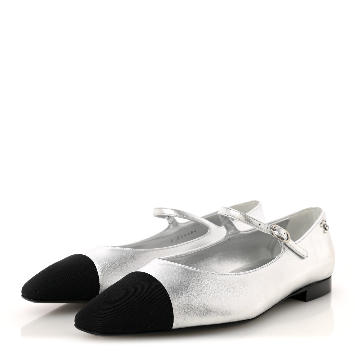 Chanel Laminated Calfskin Grosgrain Mary Janes Flats 40 Silver Black 4 of 9