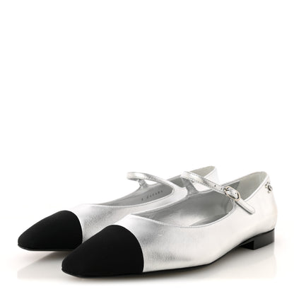 Chanel Laminated Calfskin Grosgrain Mary Janes Flats 40 Silver Black 4 of 9