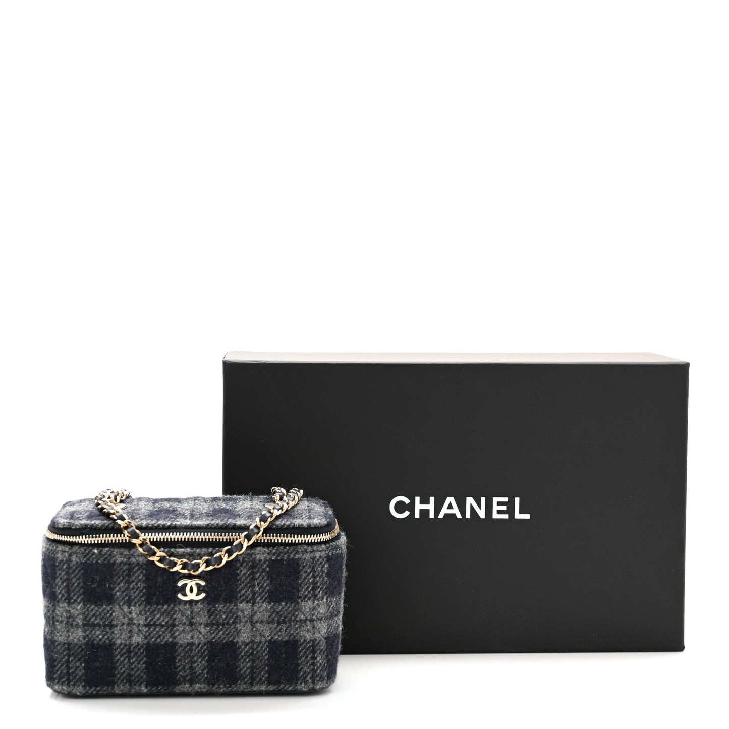 Wool Plaid Quilted Small Vanity Case With Chain Blue