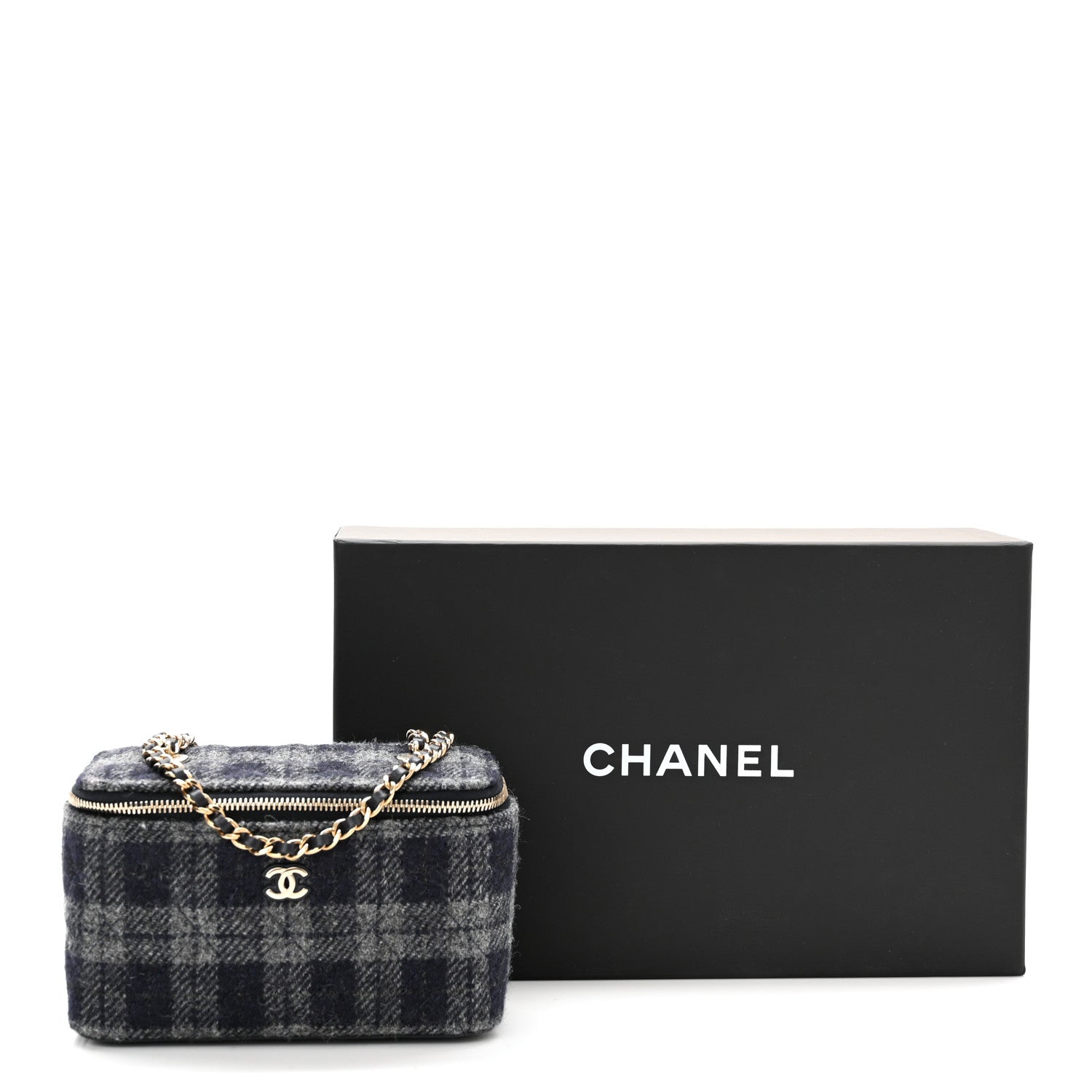 Chanel Wool Plaid Quilted Small Vanity Case With Chain Blue 12 of 12