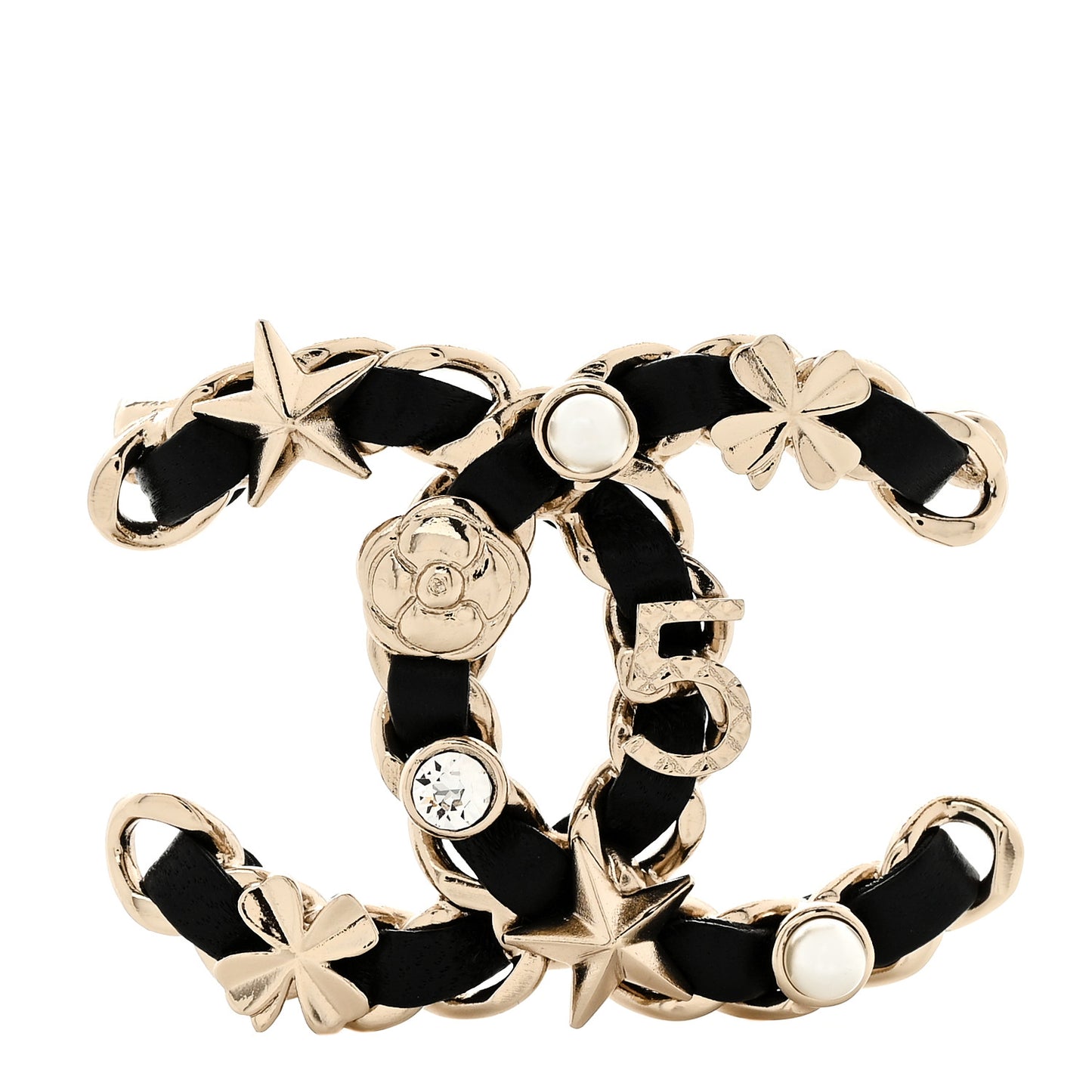 Lambskin Pearl Strass Sergeant Brooch Black Gold