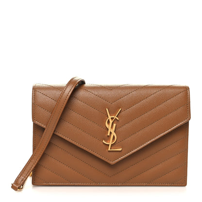 Saint Laurent Grain De Poudre Matelasse Chevron Monogram Envelope Chain Wallet Natural Dark 1 of 11