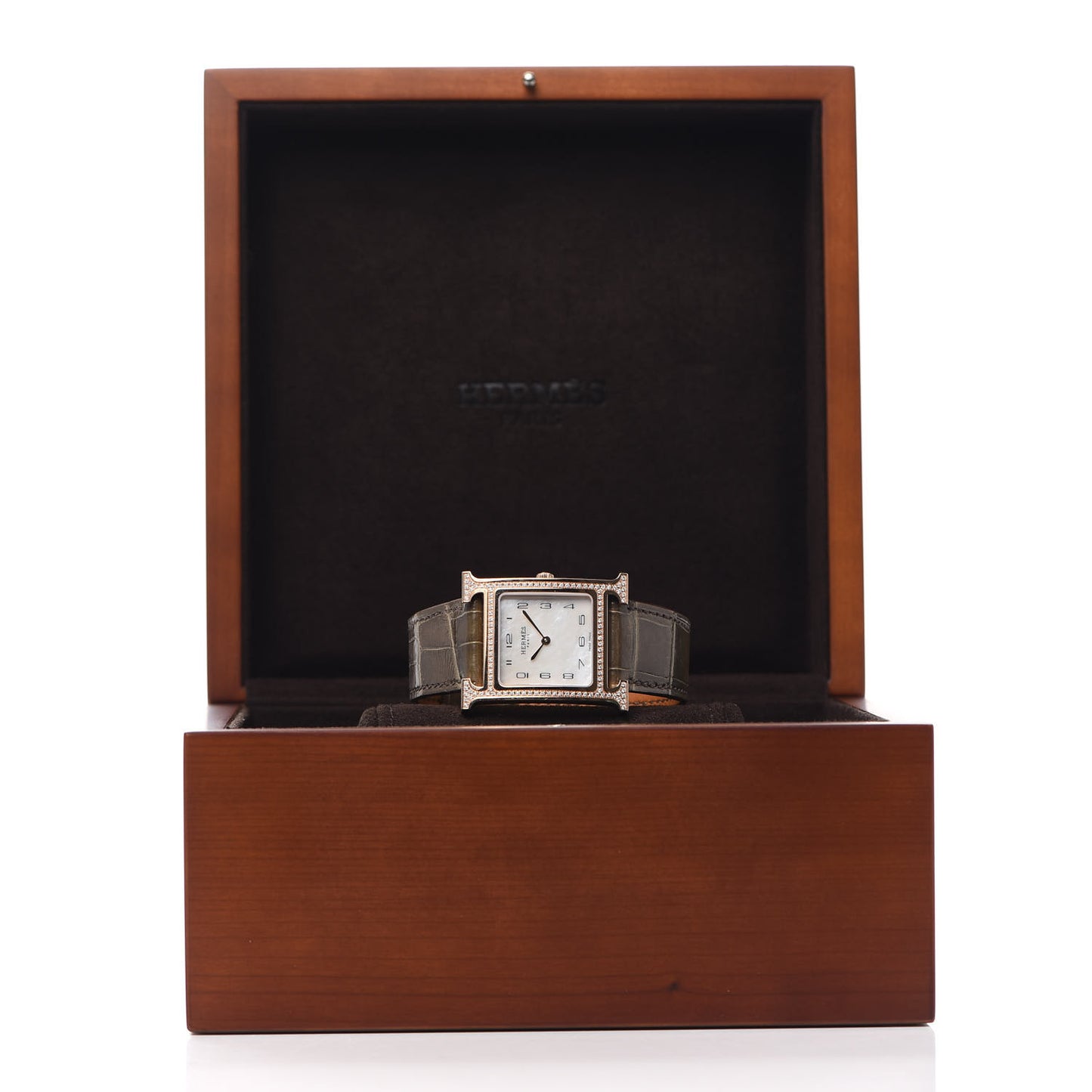 18K Rose Gold Alligator Diamond Bezel Mother of Pearl 26mm Heure H Hour Quartz Watch Gris Elephant