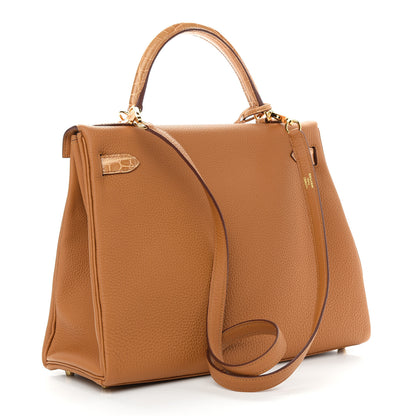 Hermes Togo Shiny Niloticus Crocodile Kelly Retourne Touch 32 Caramel Tabac Camel 3 of 10