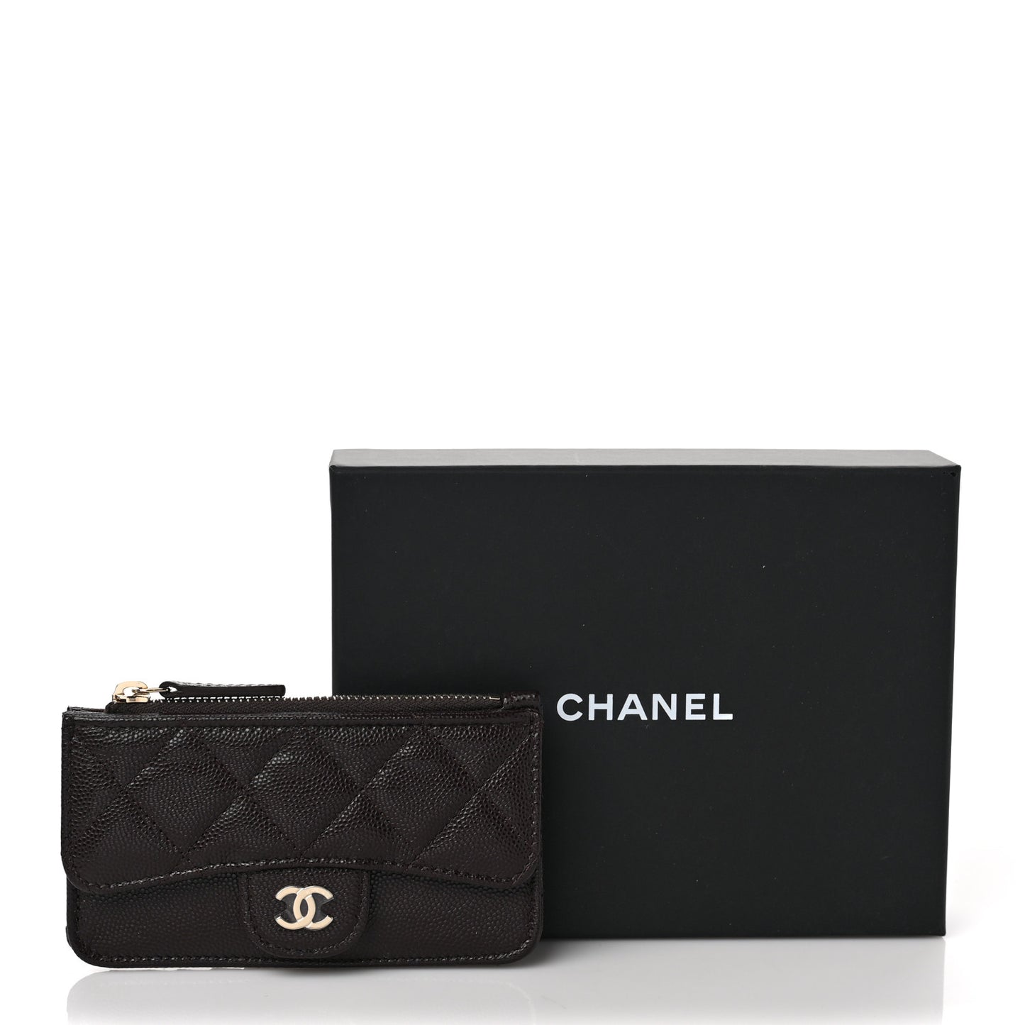 Caviar Quilted Flap Zip Card Holder Dark Brown