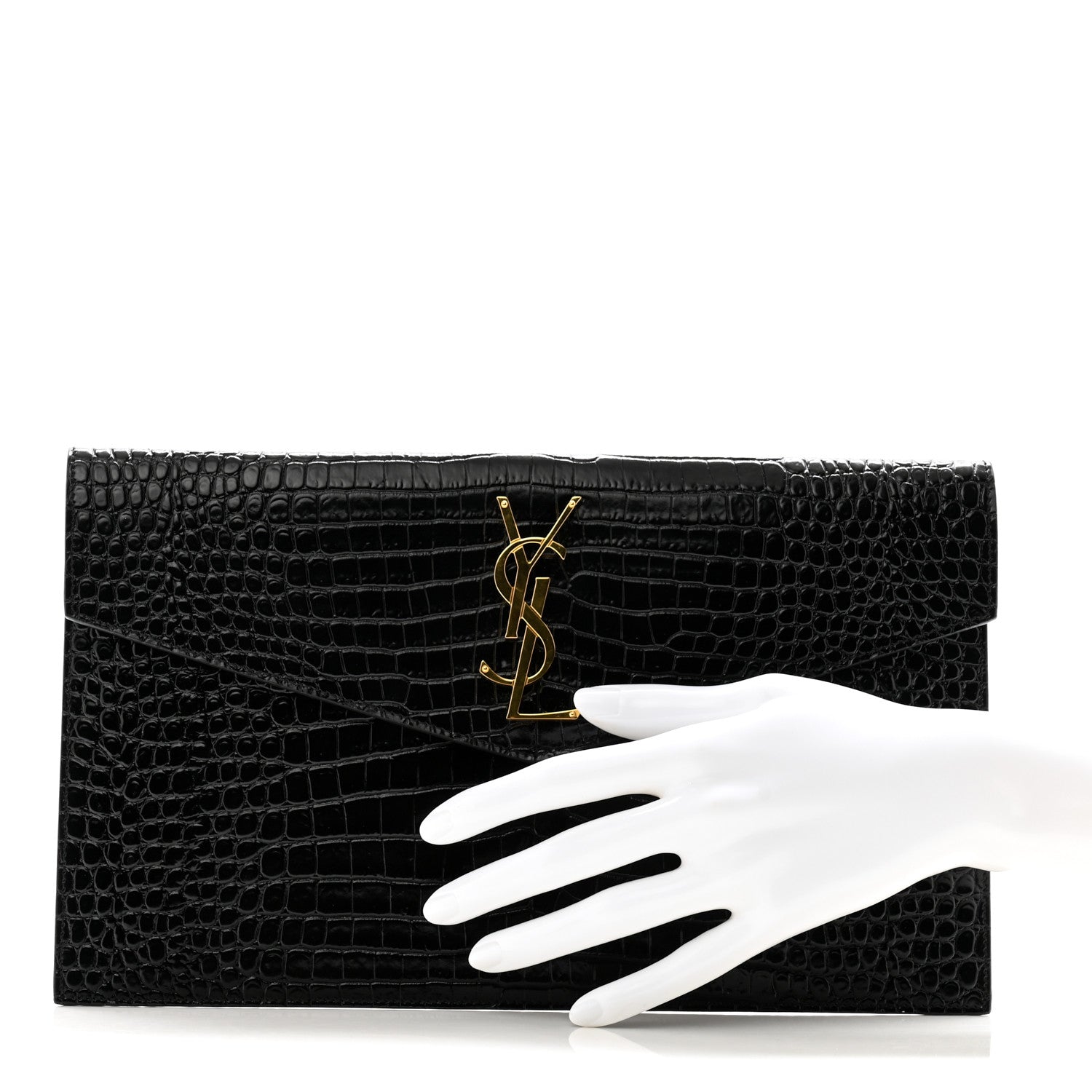 Saint Laurent Calfskin Crocodile Embossed Uptown Monogram Clutch Black 2 of 10