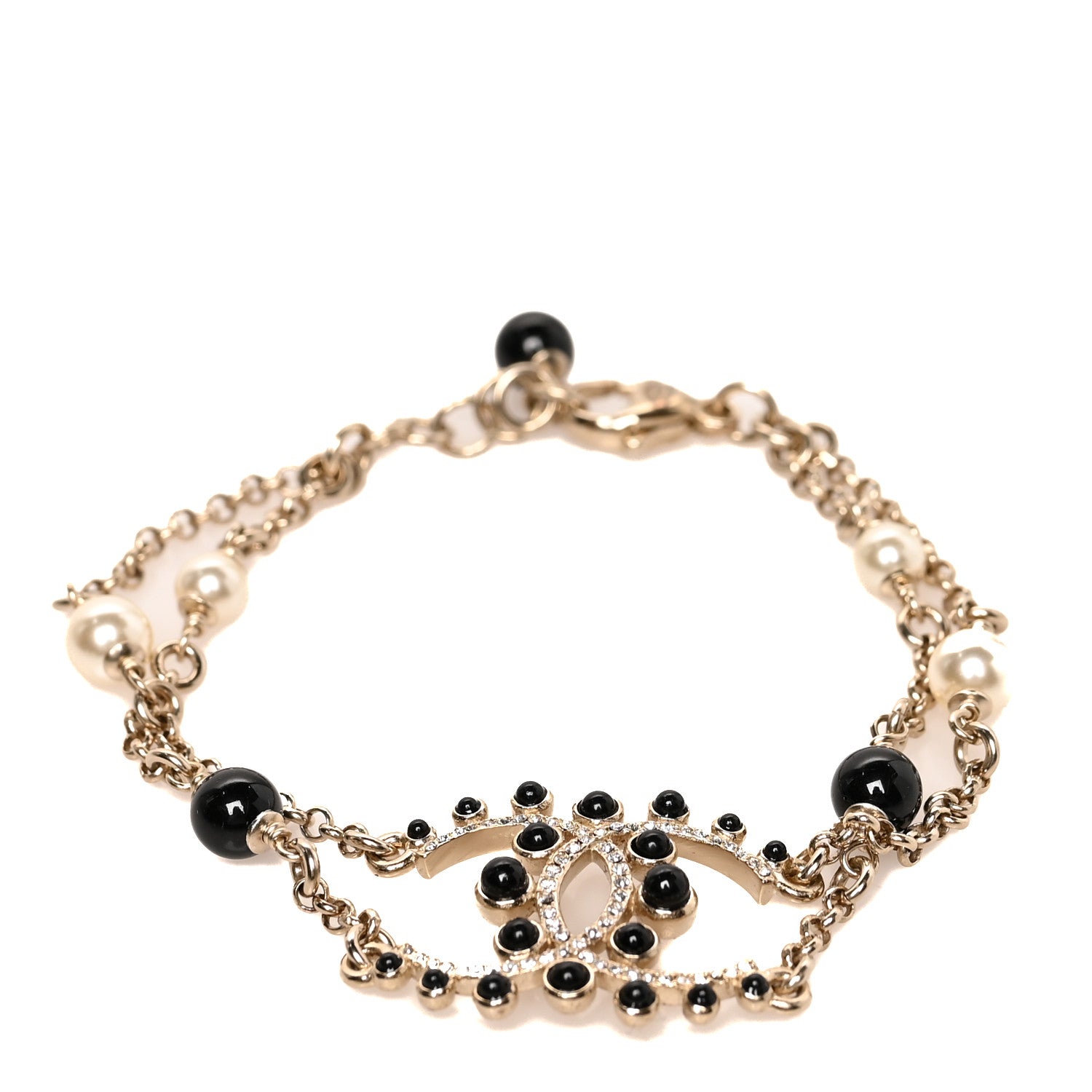 Chanel Crystal Enamel Pearl CC Bracelet Black Gold 1 of 5