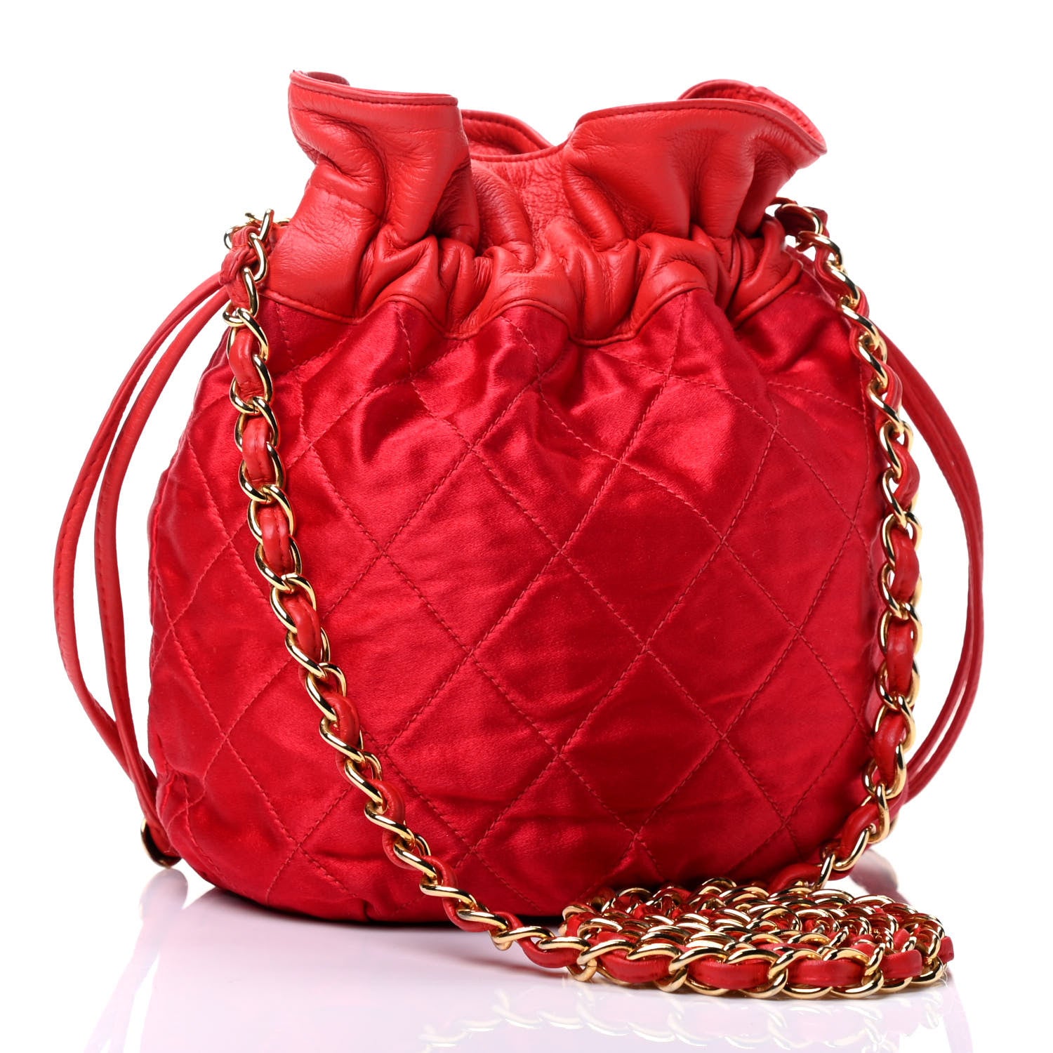 Chanel Satin Lambskin Quilted Drawstring Pouch Red 2 of 4