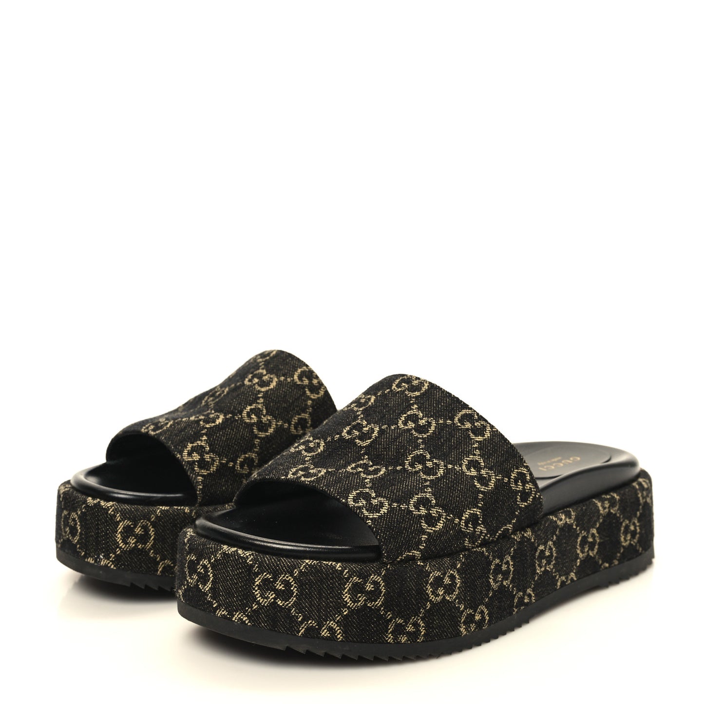 Jacquard Black Denim GG Monogram Angelina Platform 55mm Slide Sandals 40 Black Ivory