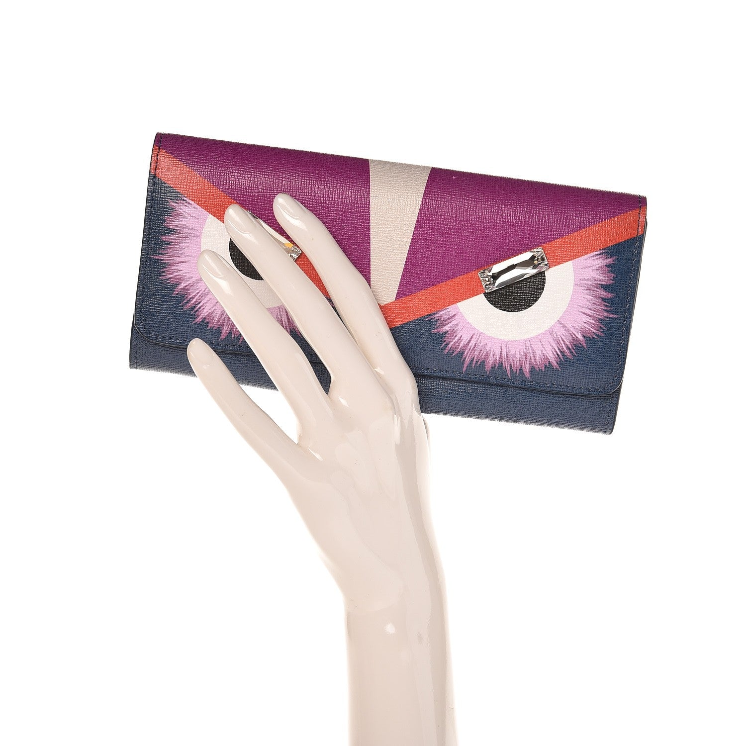 Fendi Vitello Elite Crystal Eye Monster Continental Wallet Cobalt Lavender Pink 2 of 8