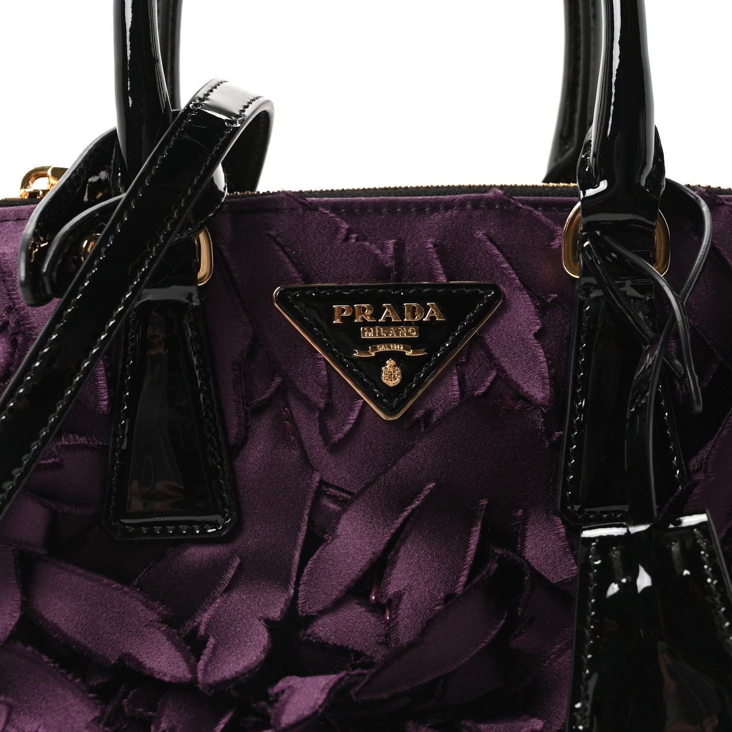 Prada Satin Feathered Vernice Mini Galleria Double Zip Tote Black Prugna 8 of 10