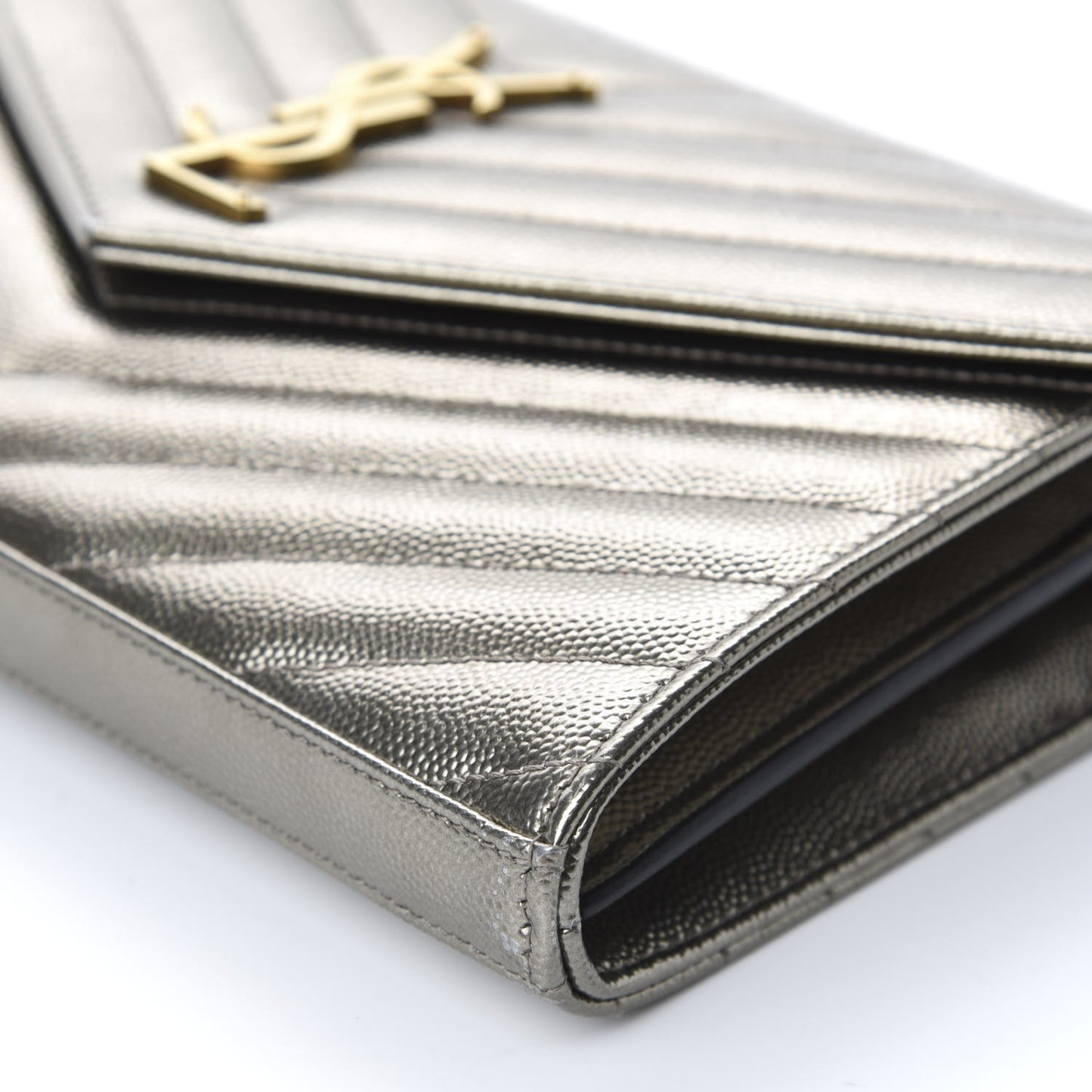 Metallic Grain De Poudre Matelasse Chevron Monogram Chain Wallet Gold