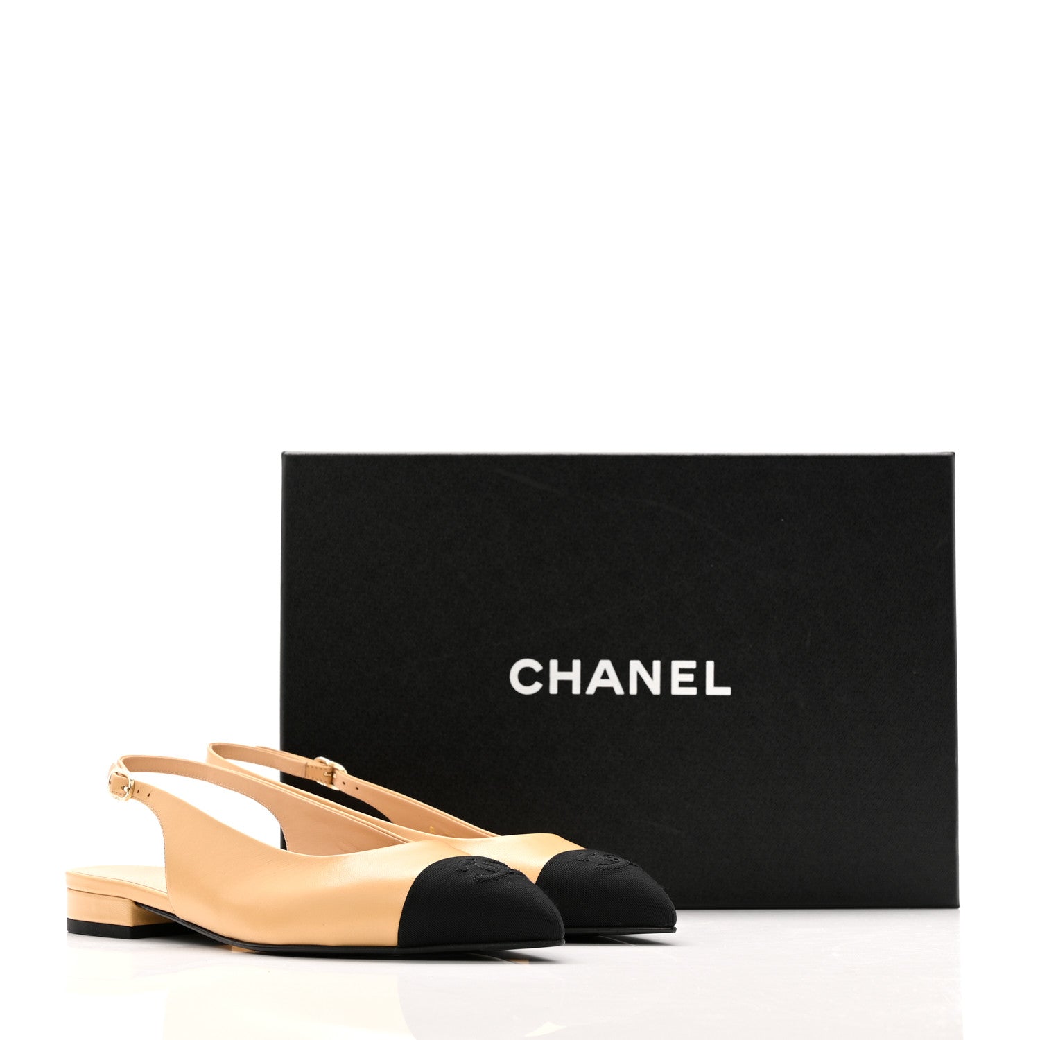 Chanel Goatskin Grosgrain Pointed Toe CC Slingback Flats 36.5 Beige Black 10 of 10