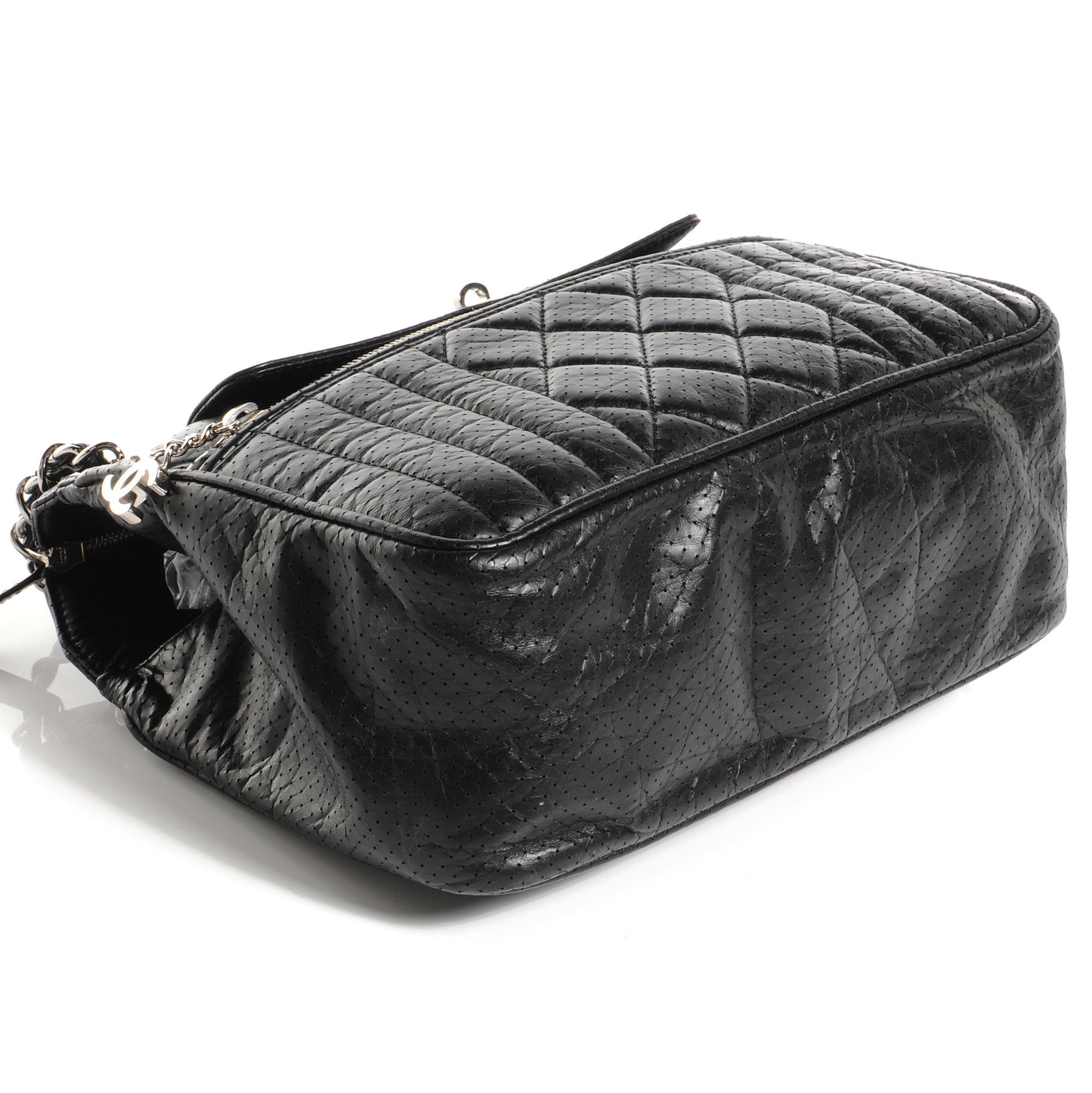 Aged Calfskin Perforated Tote Black