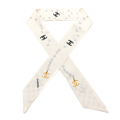 Chanel Silk Pearl CC Slim Bandeau Scarf Ecru Grey 1 of 3