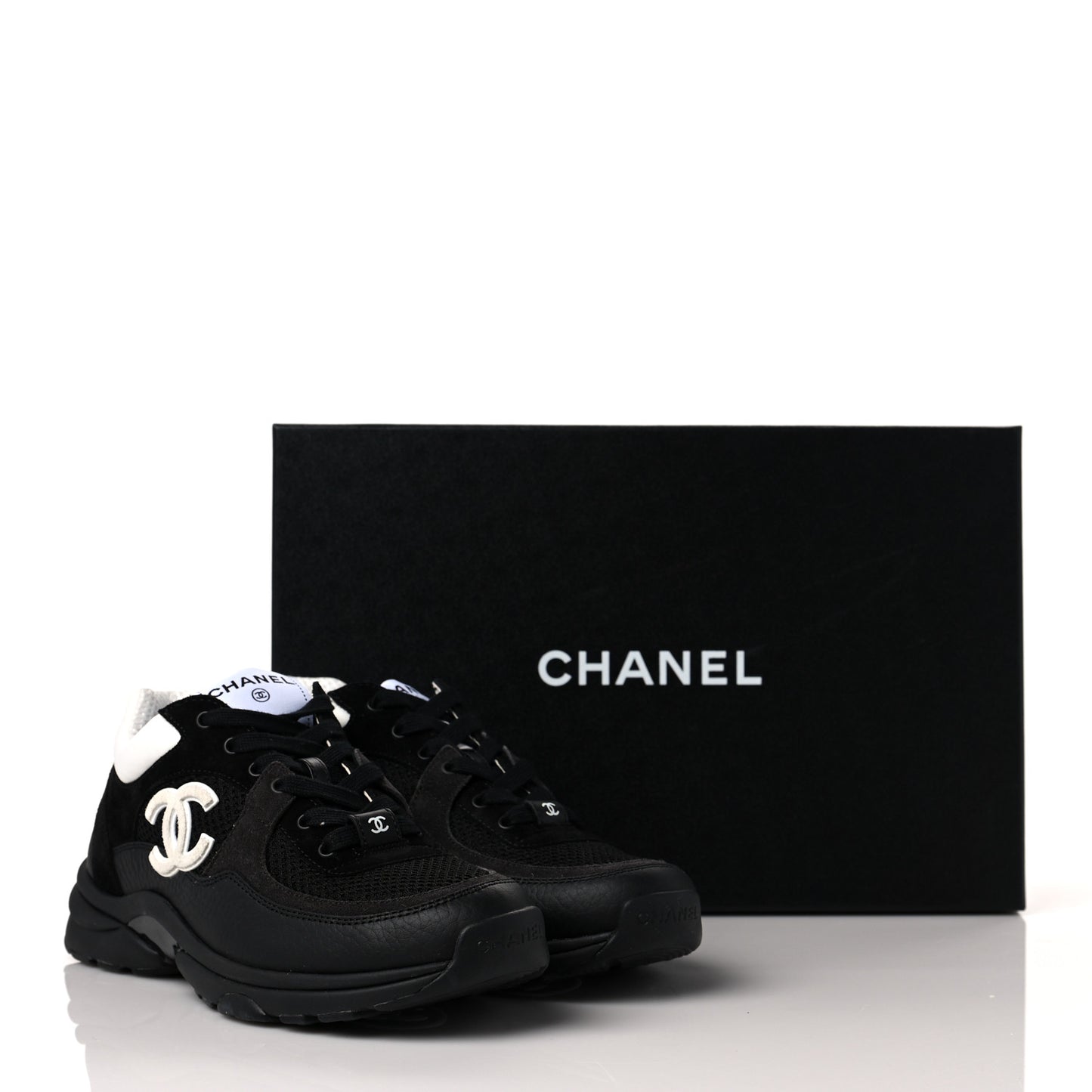 Mesh Suede Grained Calfskin Womens CC Sneakers 36.5 Black White