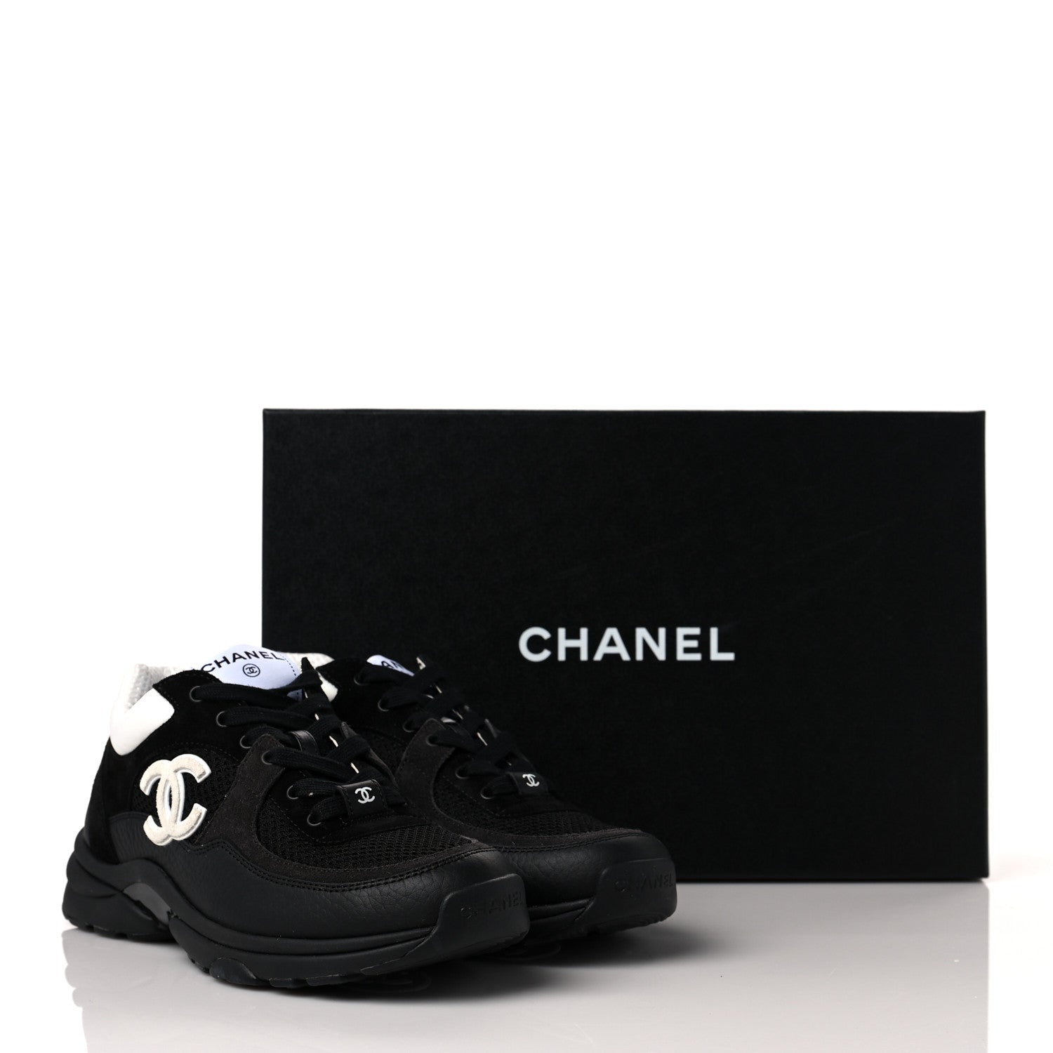 Chanel Mesh Suede Grained Calfskin Womens CC Sneakers 36.5 Black White 8 of 8