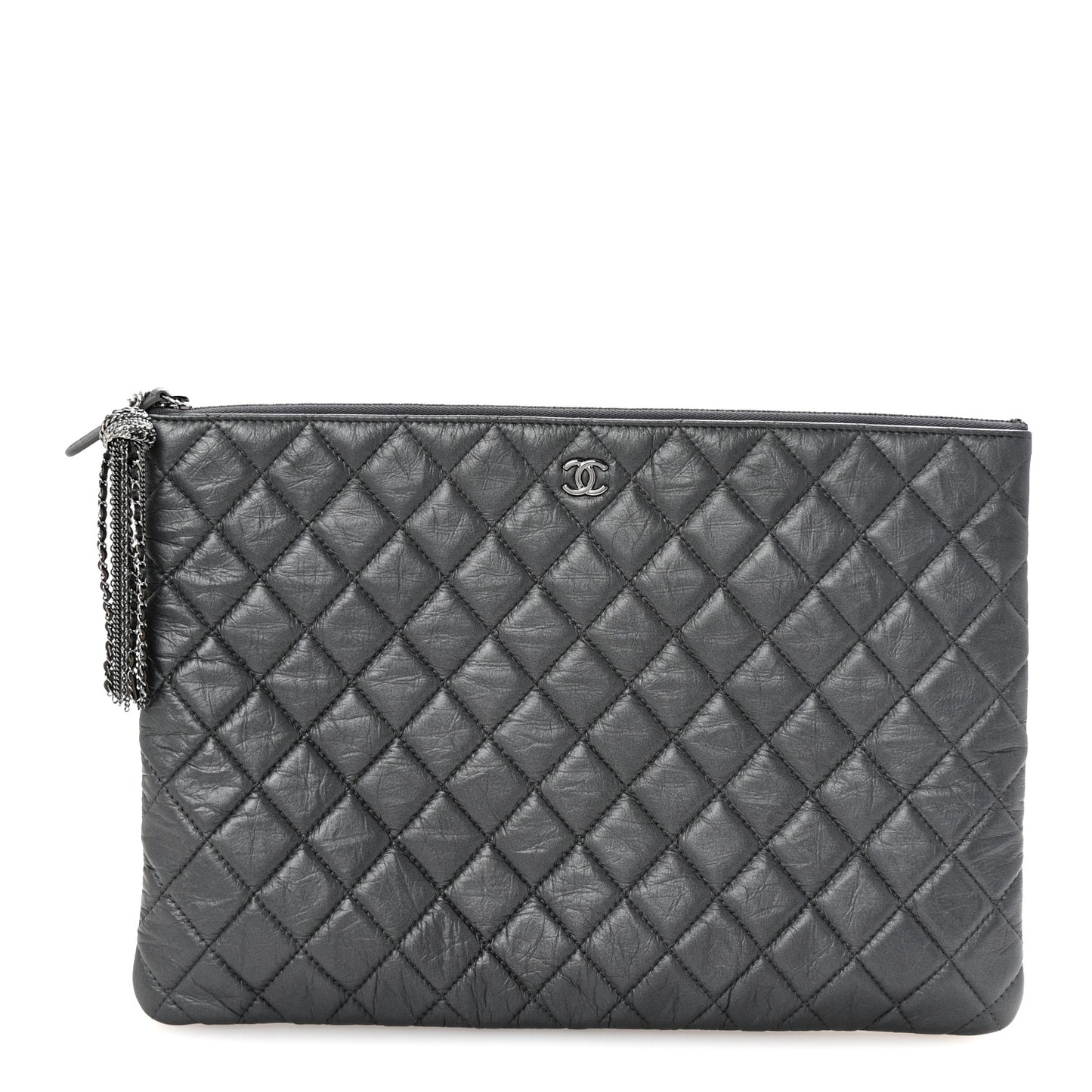 Aged Calfskin Quilted Large Tassel Cosmetic Case Dark Grey