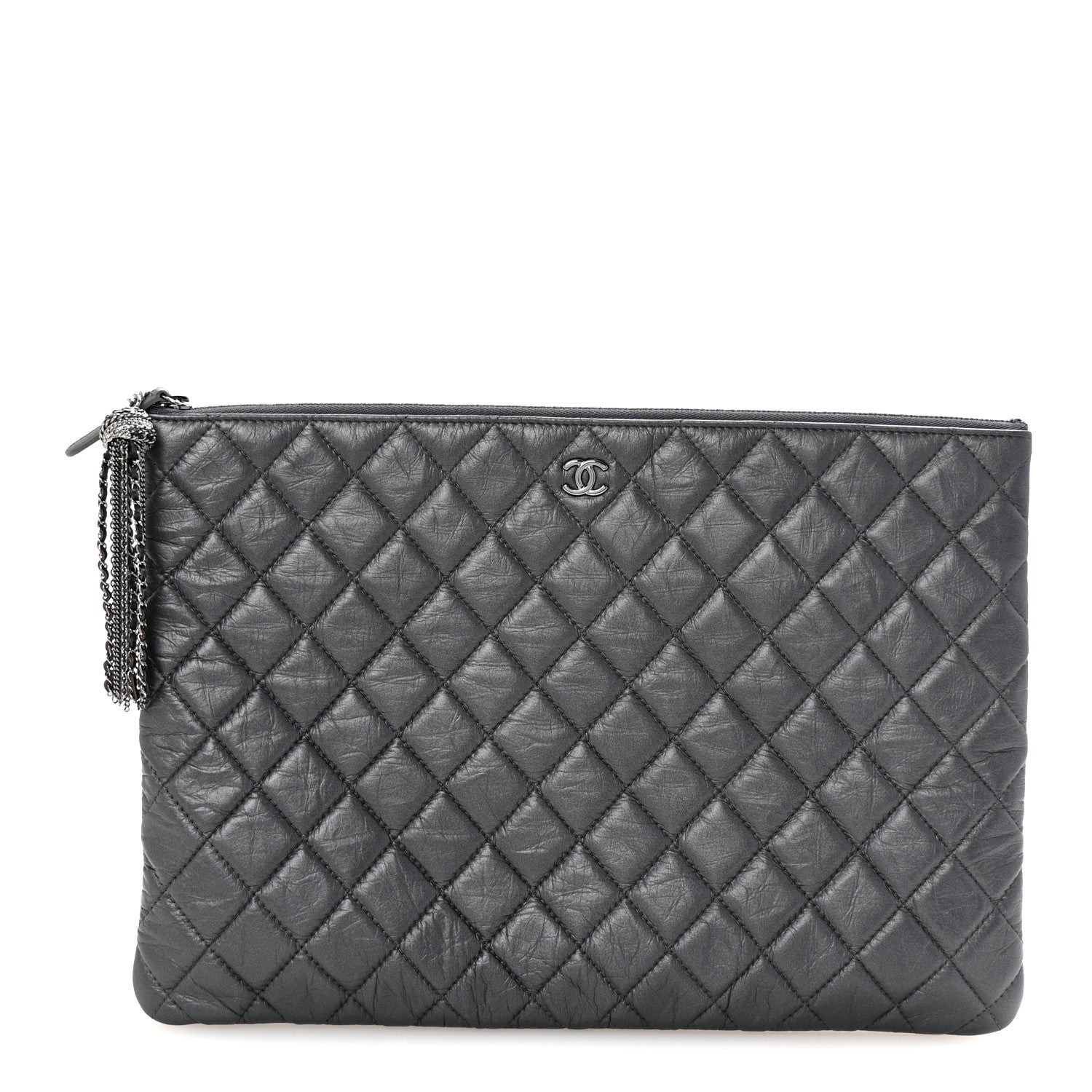 Chanel Aged Calfskin Quilted Large Tassel Cosmetic Case Dark Grey 1 of 8