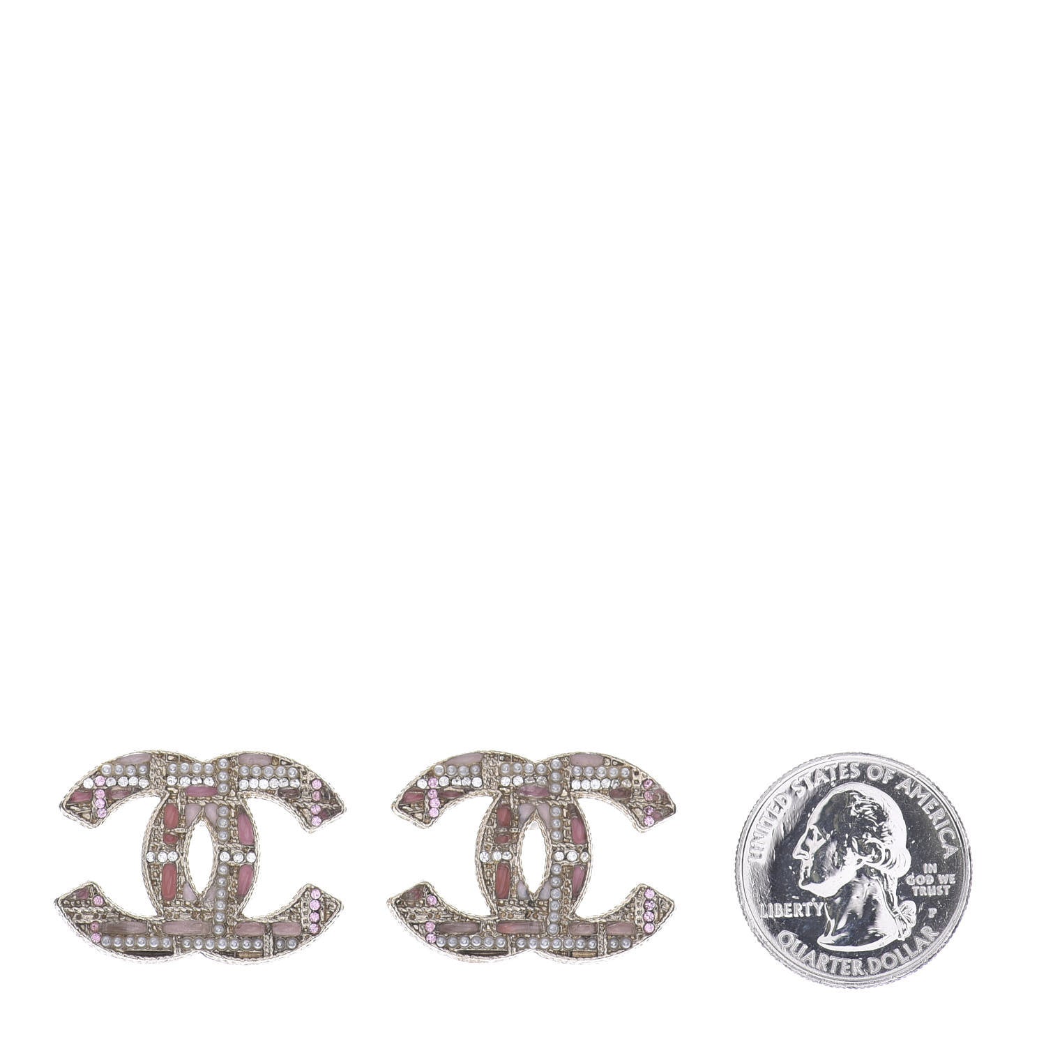 Chanel Resin Crystal Pearl Tweed Effect CC Earrings Gold Pink 2 of 4