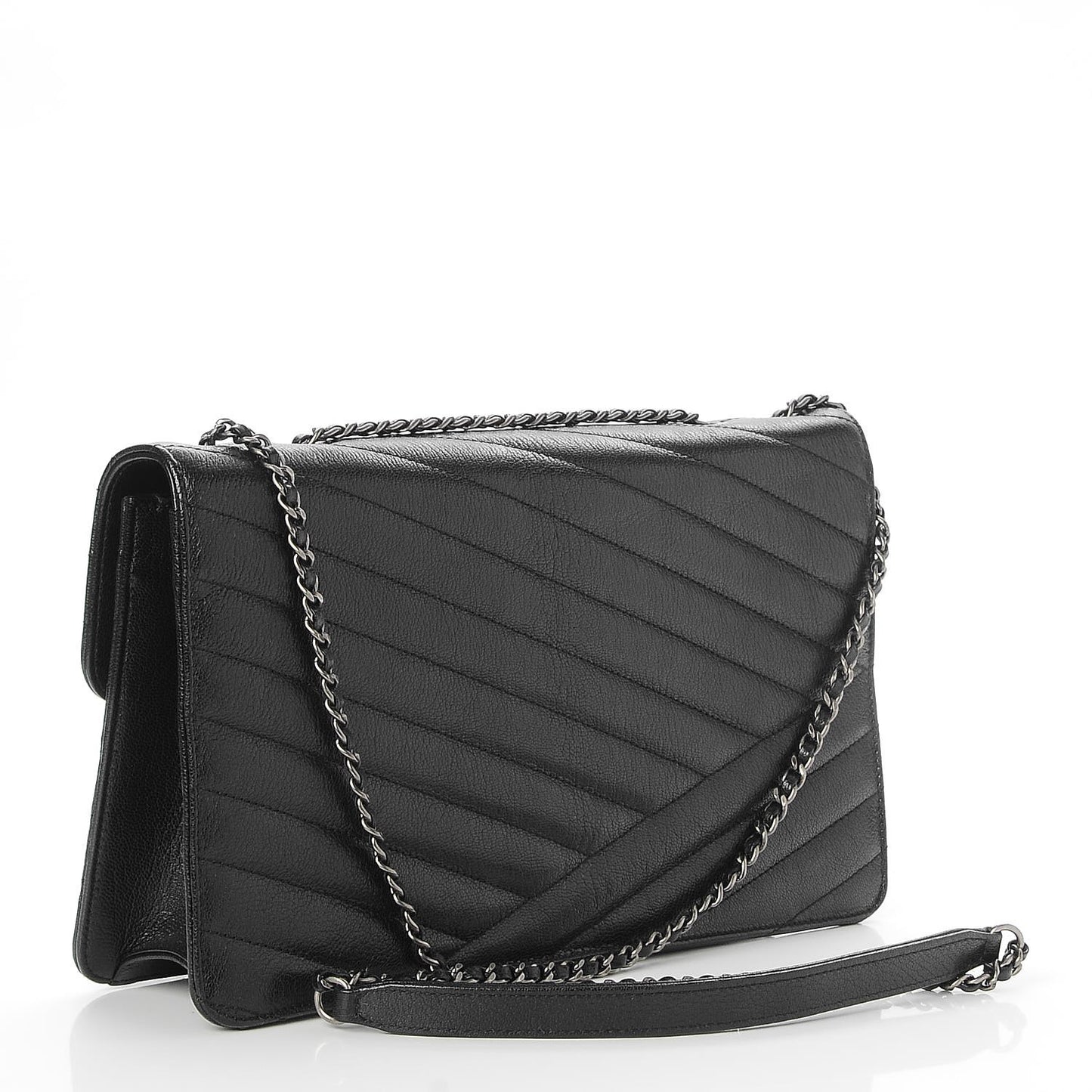 Shiny Goatskin Chevron Quilted Gabrielle Flap Black